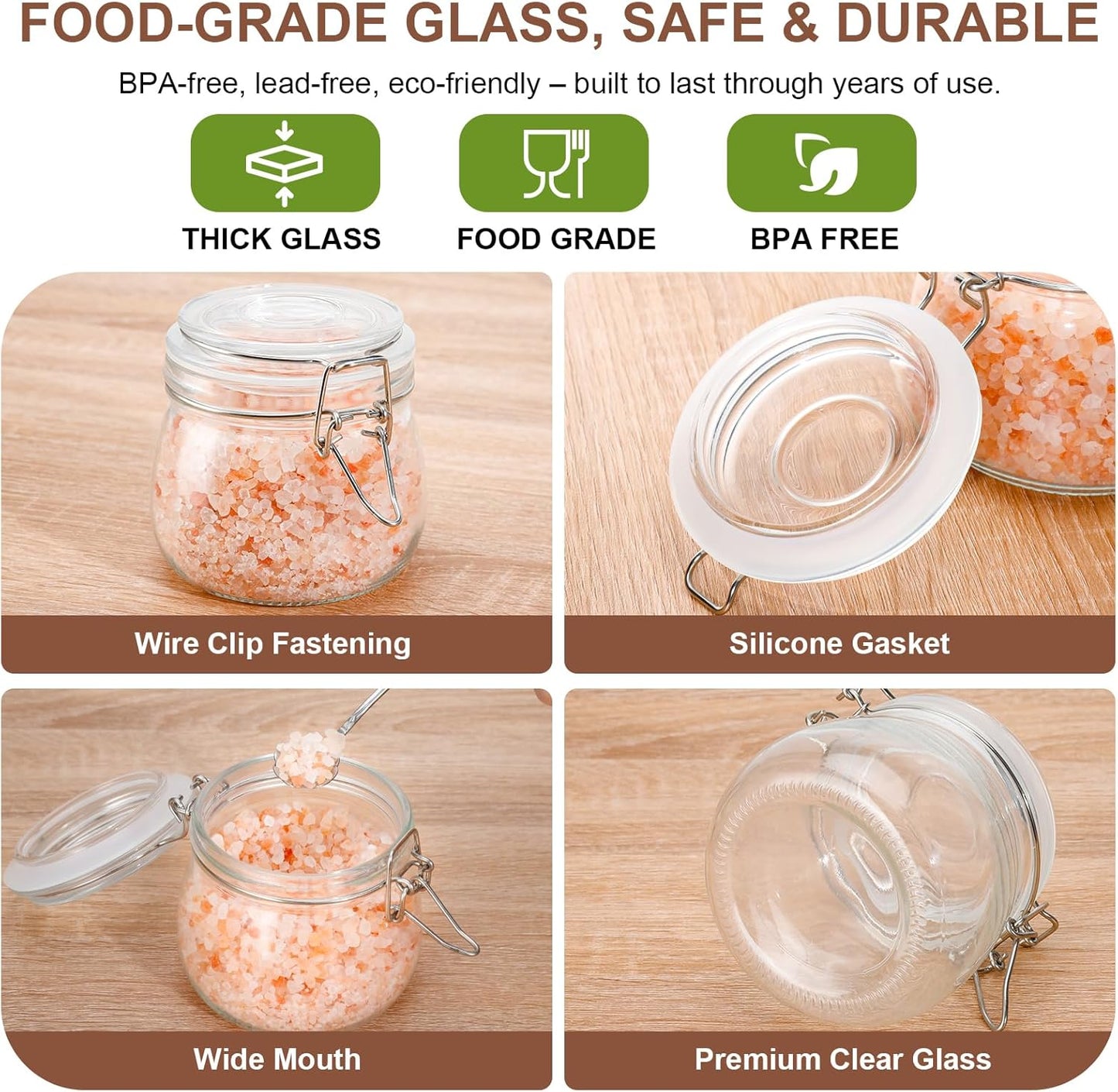 17oz Airtight Glass Jars with Clamp Lids, Small Food Storage Canisters Set of 6, Wire Clip Mason Jars for Canning Pickling Spice Herb
