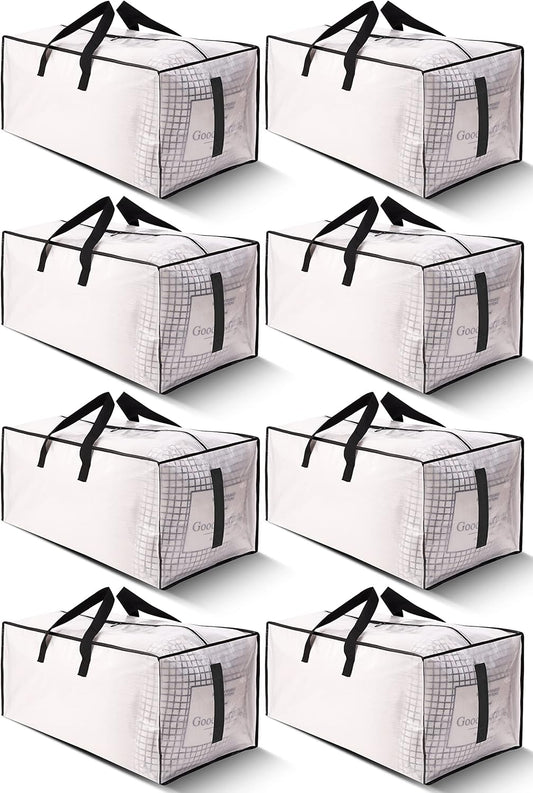8 Pack Large Strong Moving Bags with Zippers & Carrying Handles - Water-Resistant - Heavy Duty Storage Tote for Space Saving, Fold Flat, Alternative to Moving Box (Semi-Transparent)