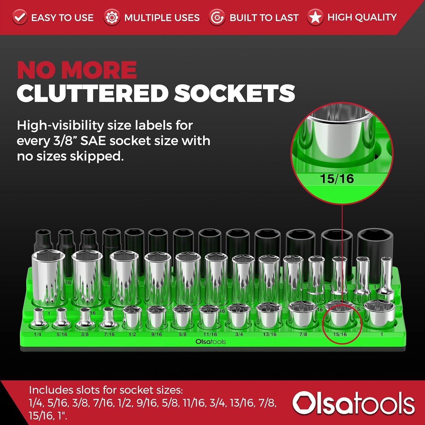 Olsa Tools Magnetic Socket Organizer (3/8-Inch Drive, 3 Row) - Magnetic Tool Organizer & Socket Holder - Tool Box Socket Organizers - SAE Green - Holds 39 Sockets - Professional Grade - Part: 1550