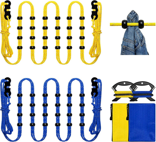 2 Pack Travel and Camping Clothesline - 2 Reflective cords (11.5 ft Each, 48 Beads), 2 Cord Winders & 2 Zippered Bags. Portable Clothes Line for Cruise, Hotel & Outdoor. Laundry Drying Rope