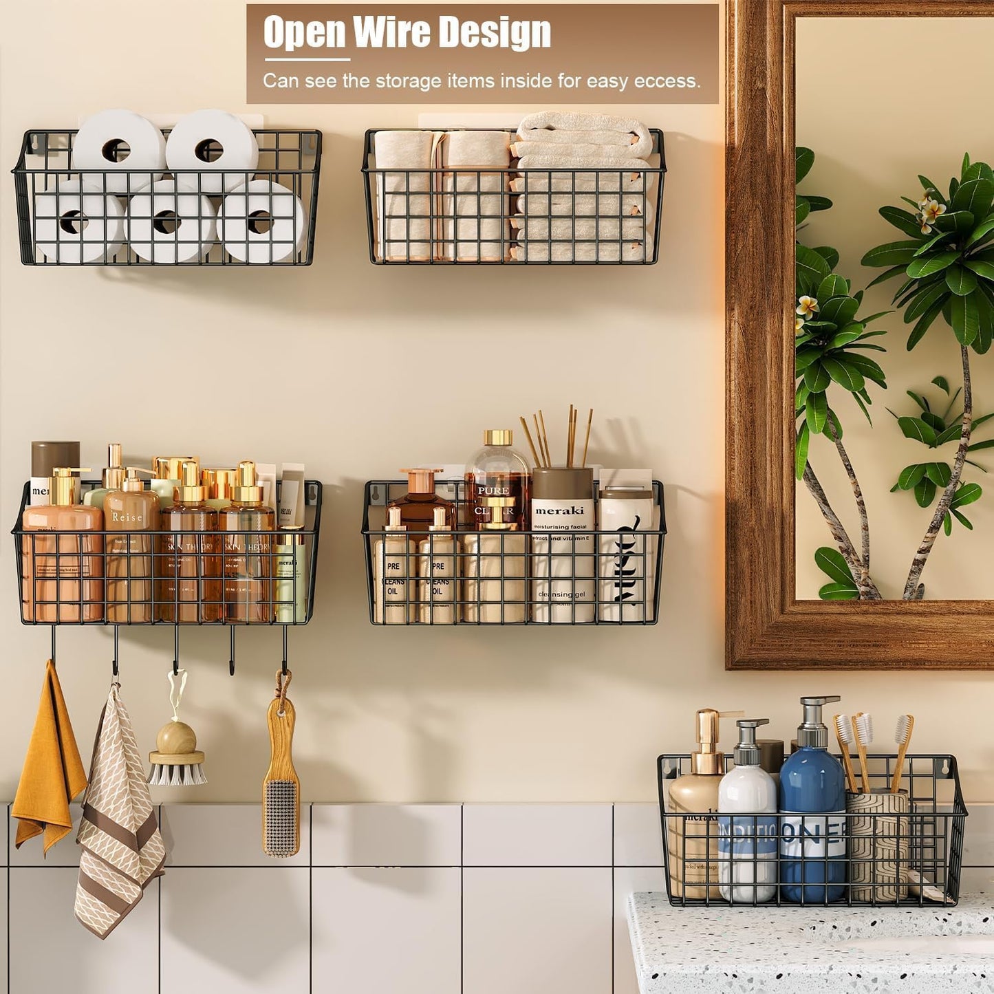 Sonyabecca 6 Pack Hanging Wall Basket for Organizing, EXTRA Large Wire Basket for Pantry with 5 S Hook+6 Adhesive Hook, Wall Mounted Shelf for Kitchen,Bedroom, Bathroom RV,Garage Organization& Storage