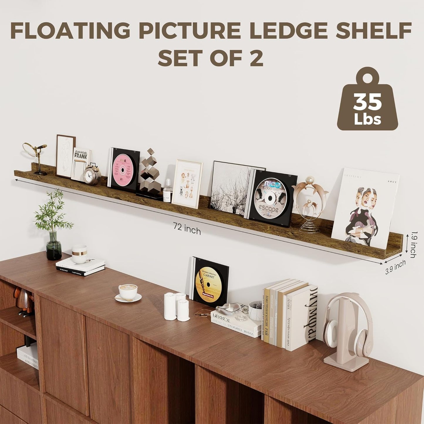Axeman 72 Inch Floating Shelves for Wall | Picture Ledge Shelf Set of 2 | Rustic Brown Picture Shelf for Wall with Ledge | Long Floating Shelves with Lip | Photo Ledge Shelves for Books Album Records