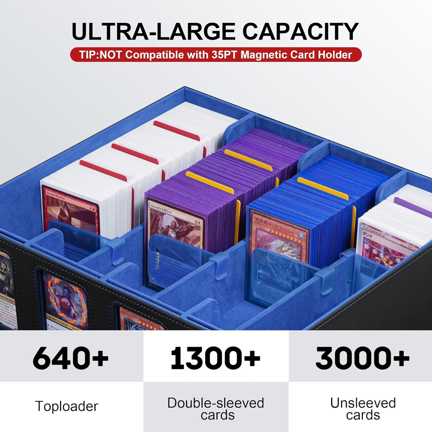 Trading Card Storage Box with Portable Handle, 3000+ MTG Storage Box with 4 Card Stoppers Commander Display Deck Box Card Case Top Loaders MTG TCG Sports Cards Commander Deck Box(Black&Blue)