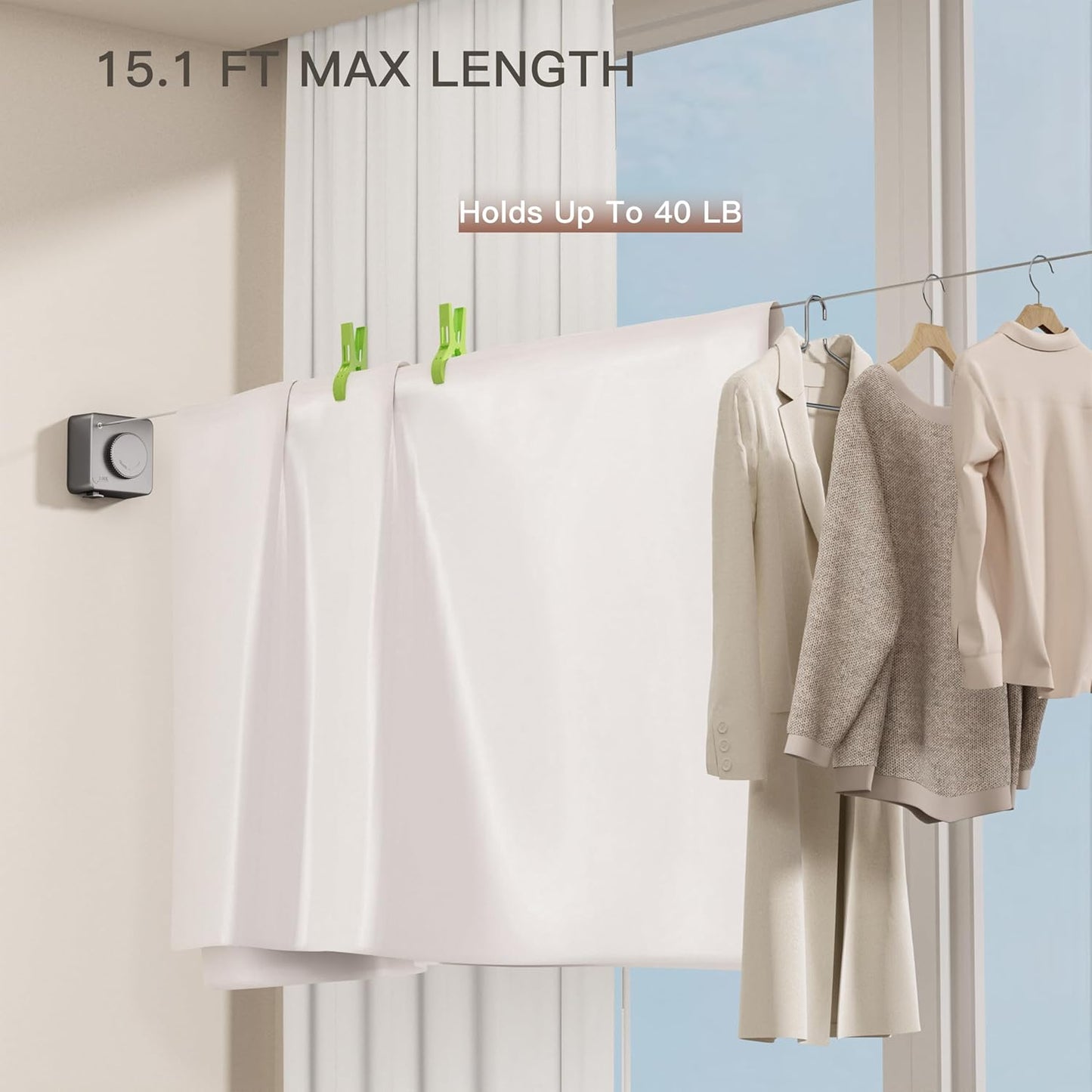 Retractable Clothesline Indoor Outdoor, Clothes Line Retracting Indoor, Retractable Clothes Line Wall Mounted Drying Rack Clothing Line, Laundry Line with Stainless Steel Line-15.1 Feets(Grey)