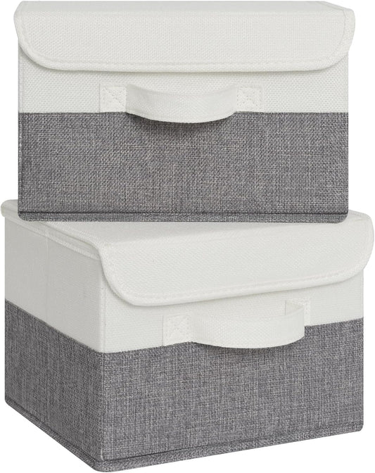 GRANNY SAYS Small Storage Bins with Lids, Small Storage Boxes, Shelf Baskets for Shelf, Collapsible Storage Bins for Living Room, Bedroom, 10x8x7 Inch, White/Gray, 2-Pack