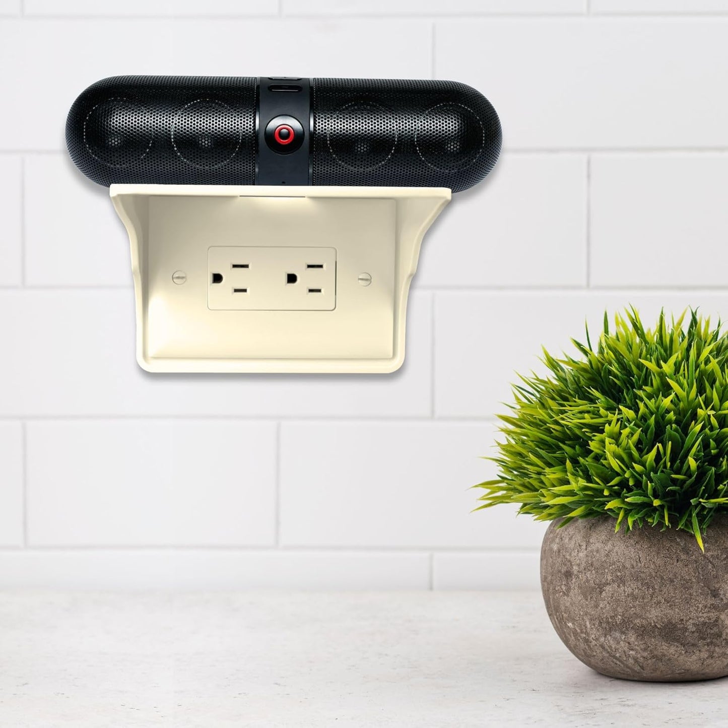 Power Perch Horizontal Wall Outlet Shelf with Cord Storage Strap - Declutter & Reclaim Bathroom Counter Space - Alexa Stand, Apple Homepod Shelf, Toothbrush Holders Wall Mounted - Almond, 1-Pack