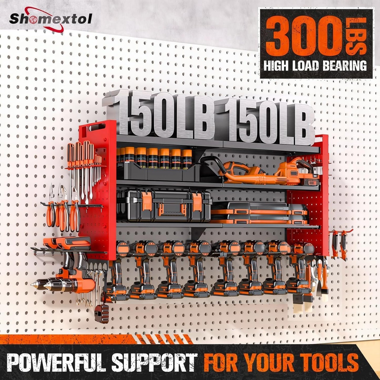 33" W Power Tool Organizer Wall Mount,4-Layer Heavy Duty Tool Storage with 10 Cordless Drill Holder,300 lb Capacity Garage Organization for Garage and Workshop,Red