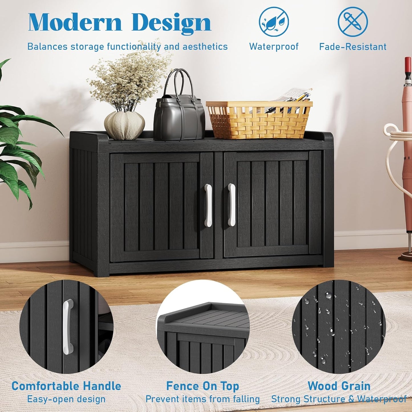 KAMABOKO Outdoor Shoe Storage Cabinet, Waterproof UV-Resistant Entryway Storage Bench Indoor Outdoor with 2 Barn Doors, Adjustable Shelves for Entryway, Bedroom, Hallway,Living Room(Classic Black)