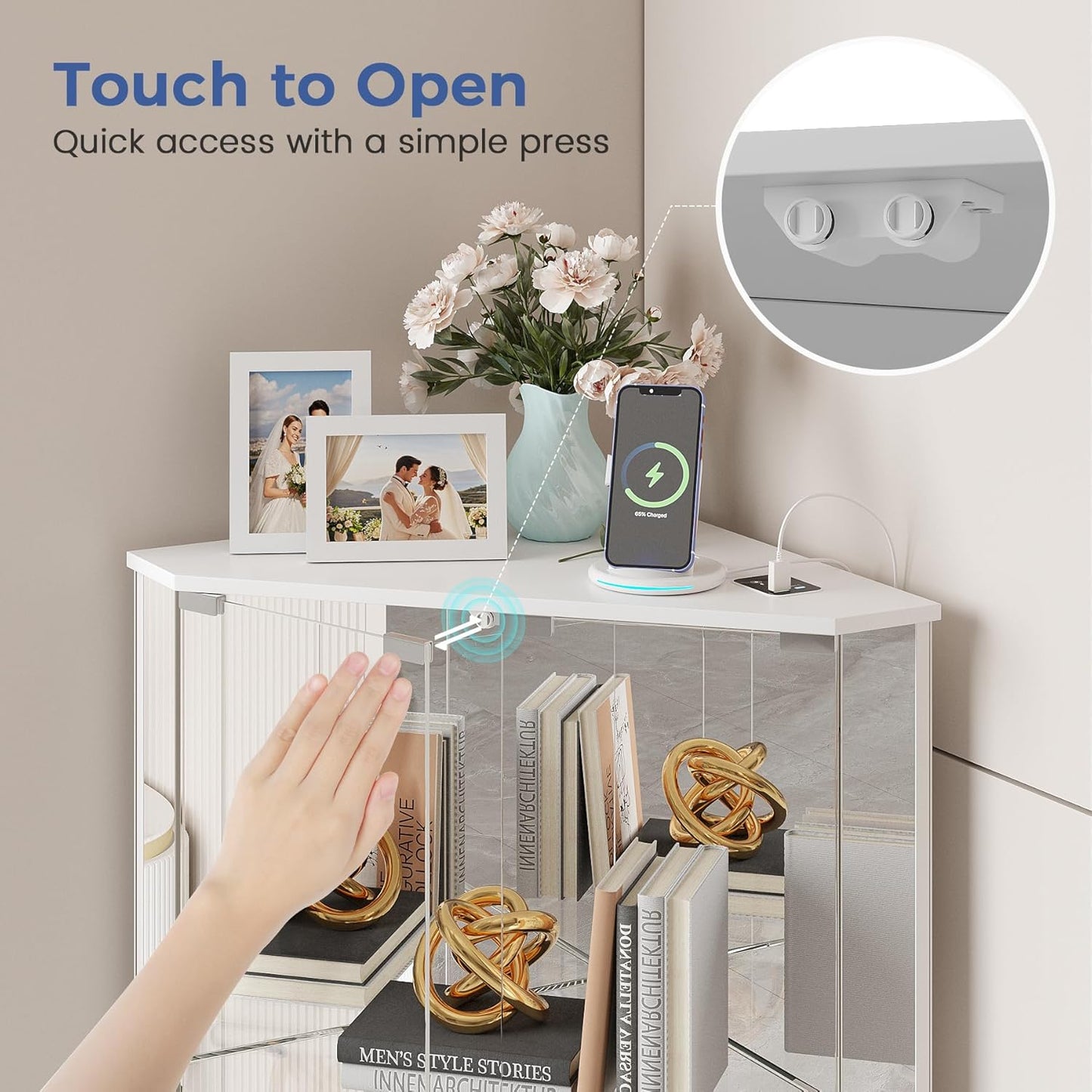 Corner Display Cabinet Set of 2 with Glass Doors, Small Display Case with 3-Color LED Lights and Charging Station, 2-Tier Curio Cabinet with Storage and Shelf, White