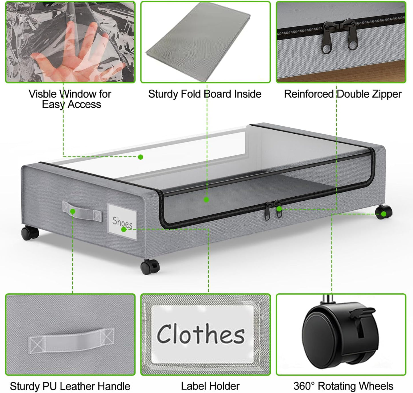 Under Bed Storage with Wheels, 4-Pack Underbed Storage Containers with Clear Lids, Under Bed Shoe Storage Organizer, Rolling Under Bed Storage for Clothes Shoes Blankets (Grey)
