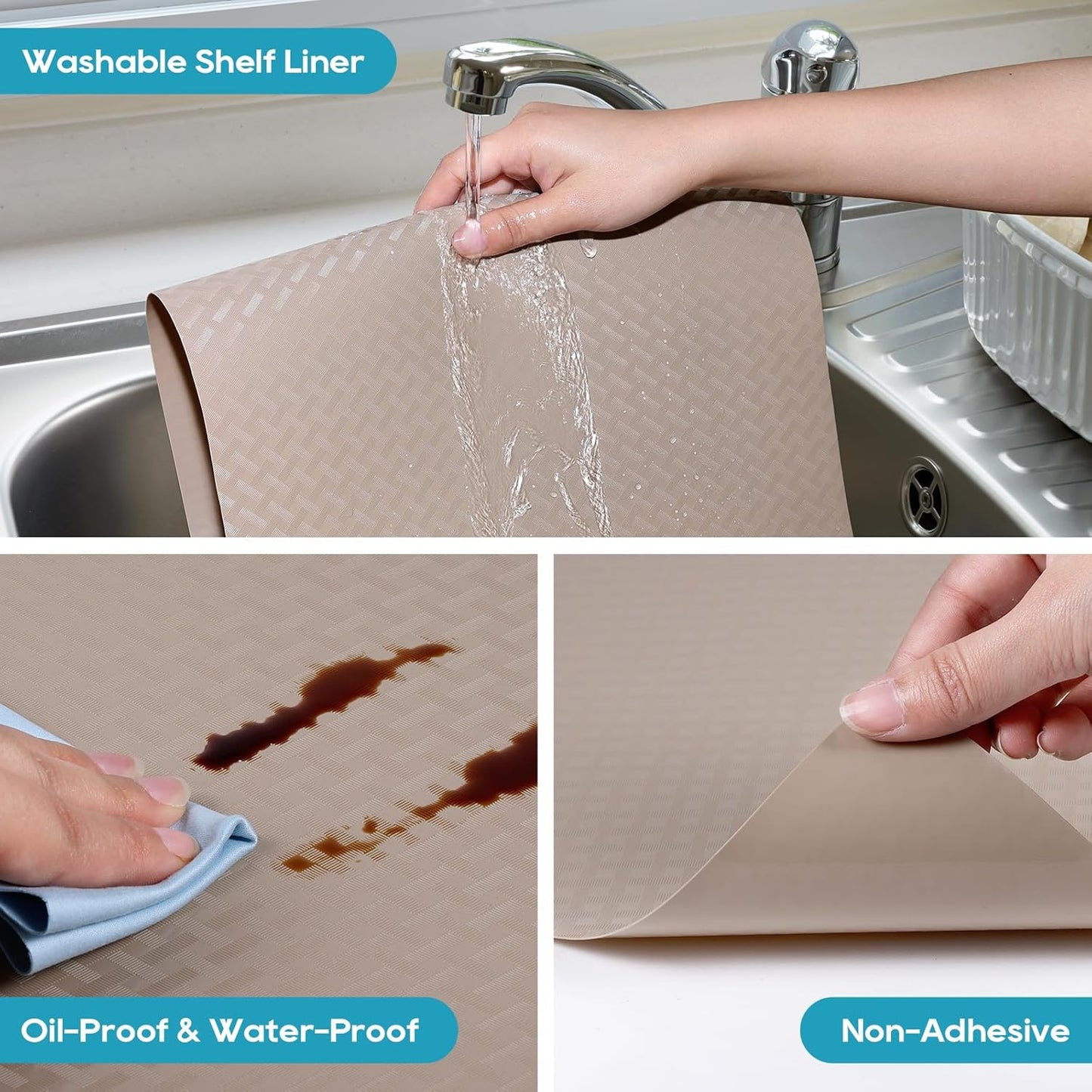 Shelf Liners for Kitchen Cabinets, Waterproof and Oil-Proof Kitchen Cupboard Liner, Refrigerator Liners and Plastic Drawer Mats EVA Non Adhesive Shelves, Fridge - Beige 17.5 x 393.7 Inches