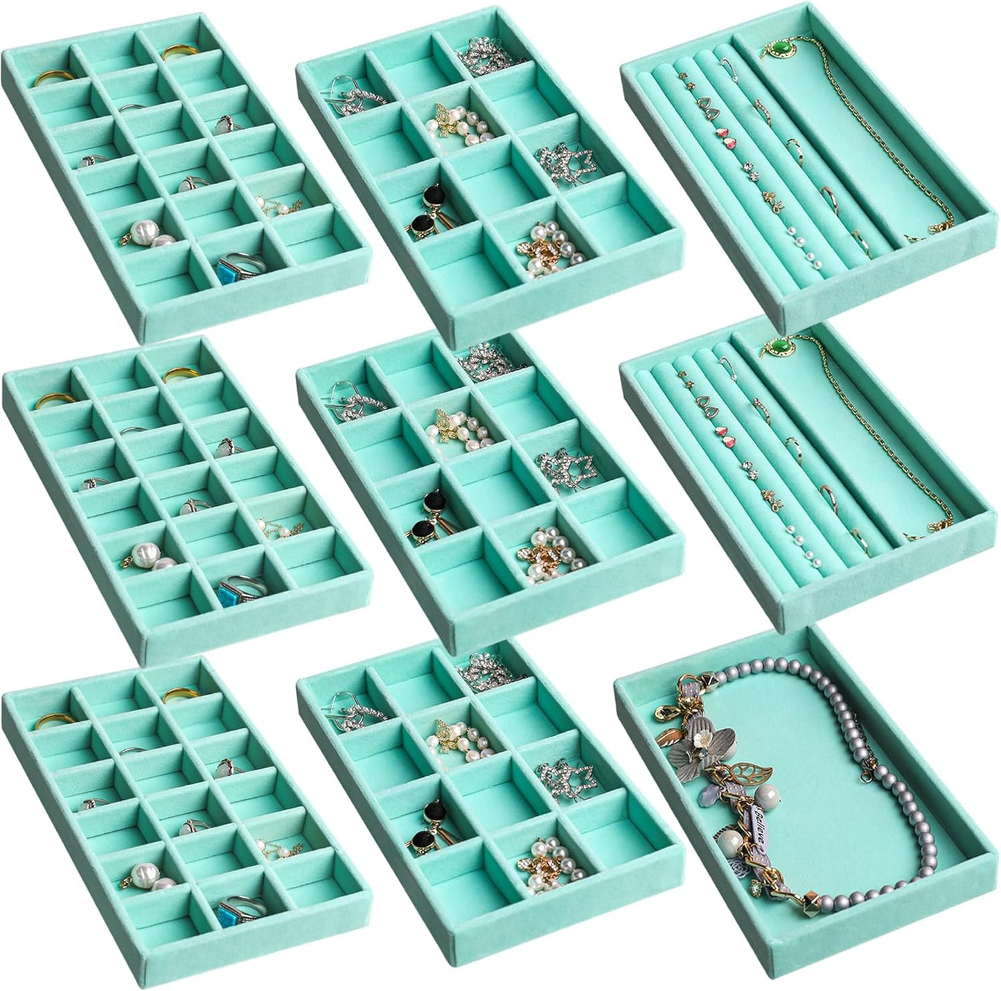 Frebeauty Jewelry Organizer Tray,Stackable Velvet Jewelry Trays,Drawer Inserts Earring Organizer For Women Jewelry Storage Display Case for Rings Stud Necklaces,8.3 x 4.9 x 1 Inches (Turquoise)