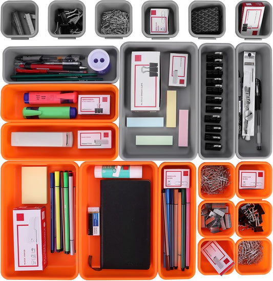 ValueMax 21 PCS Desk Drawer Organizer Set, PP Material Interlocking Drawer Organizer Bins for Office, Vanity, Garage and Bathroom, Non-Silp and Two-Tone Stackable Design, Orange & Gray