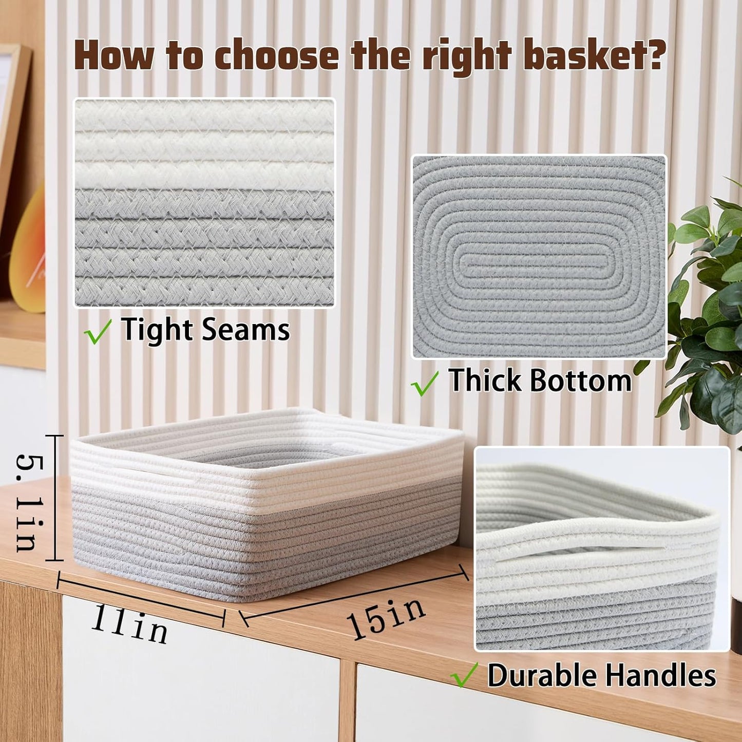 Large Shallow Organizing Baskets 15x11x5.1 Inches - Rope Woven Storage Bins for Bathroom, Shelves, Cube Closet, Gradient Grey 3 Packs