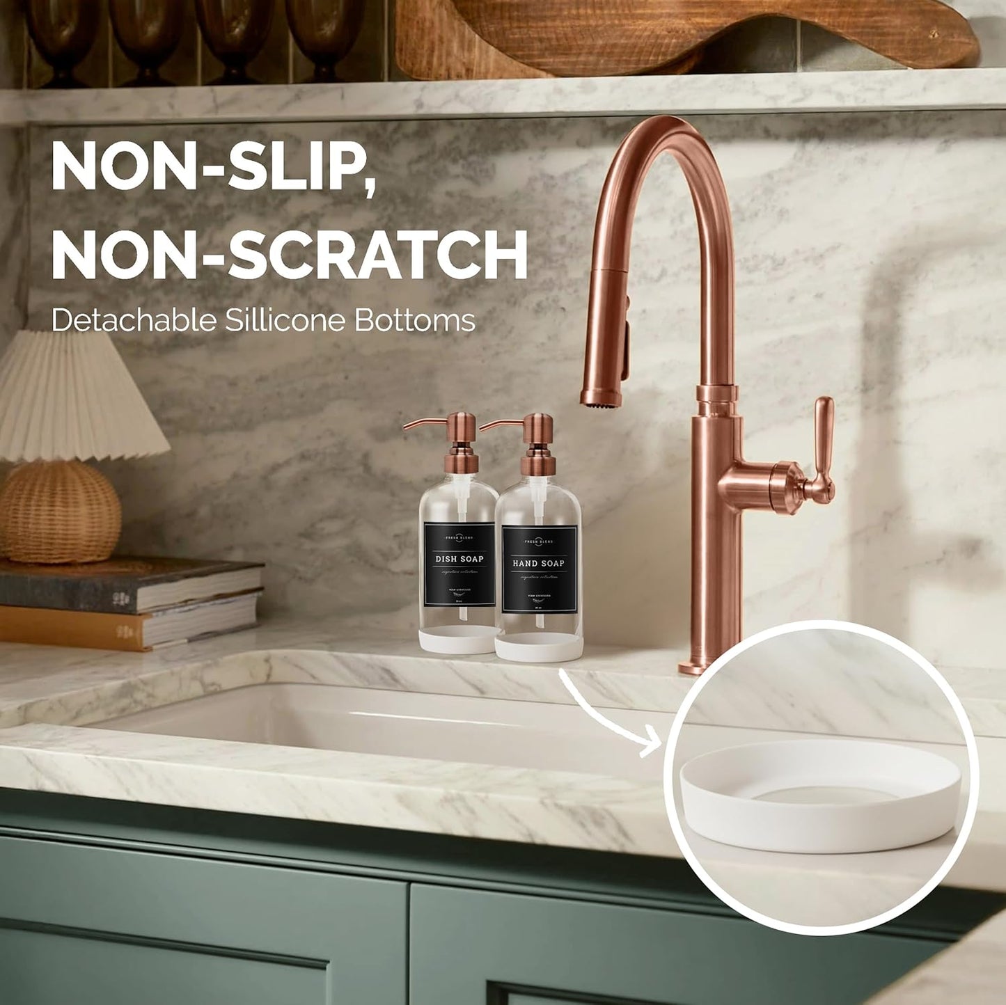 Vine Creations Clear Glass Soap Dispenser, 2 Pack Kitchen Soap Dispenser Set with Stainless Steel Pump, 16 oz Dish Soap and Hand Soap Dispensers for Bathroom with Waterproof Labels