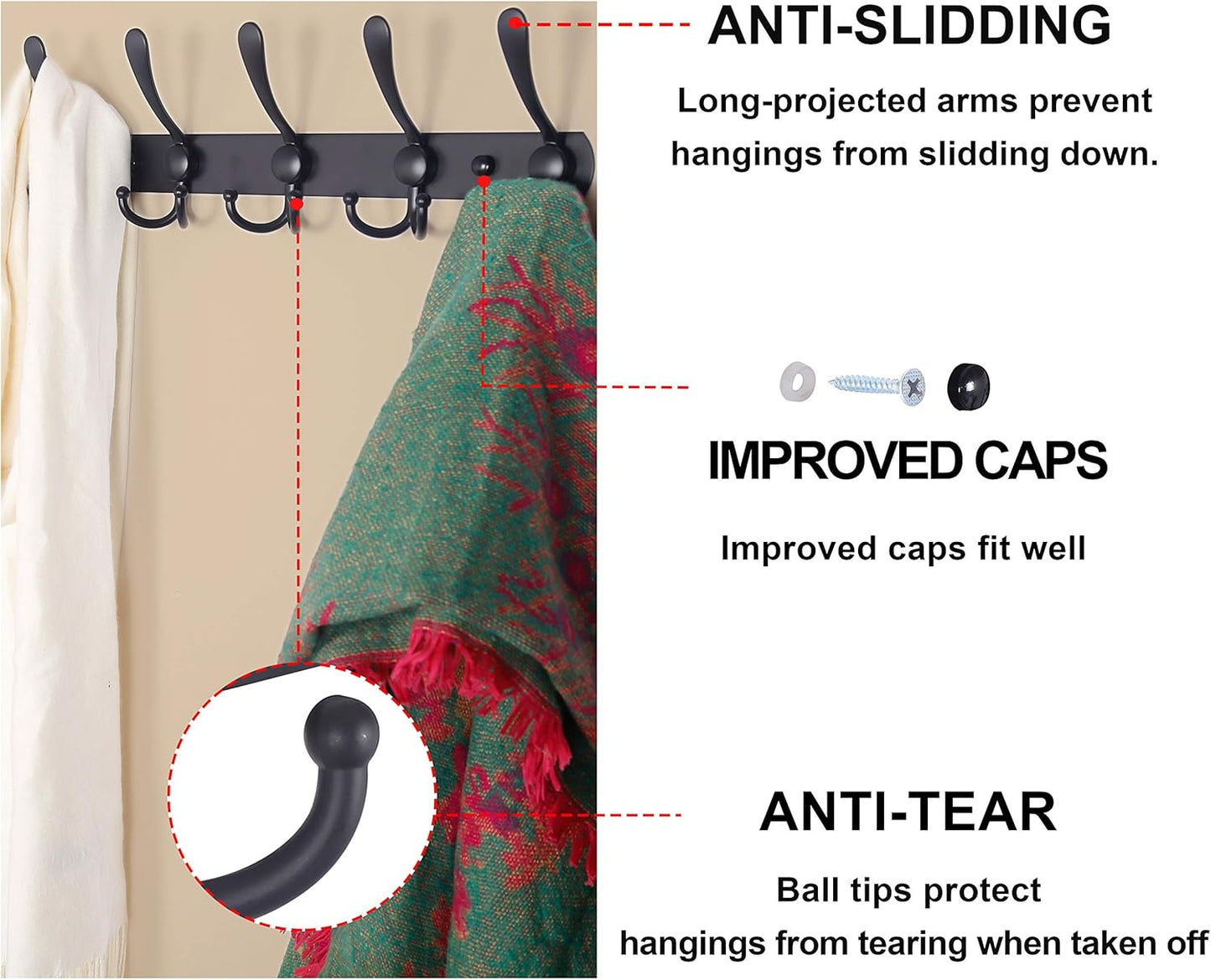 Dseap Coat Rack Wall Mounted - 5 Tri Hooks, Heavy Duty, Stainless Steel, Metal Coat Hook Rail for Coat Hat Towel Purse Robes Mudroom Bathroom Entryway, Pink