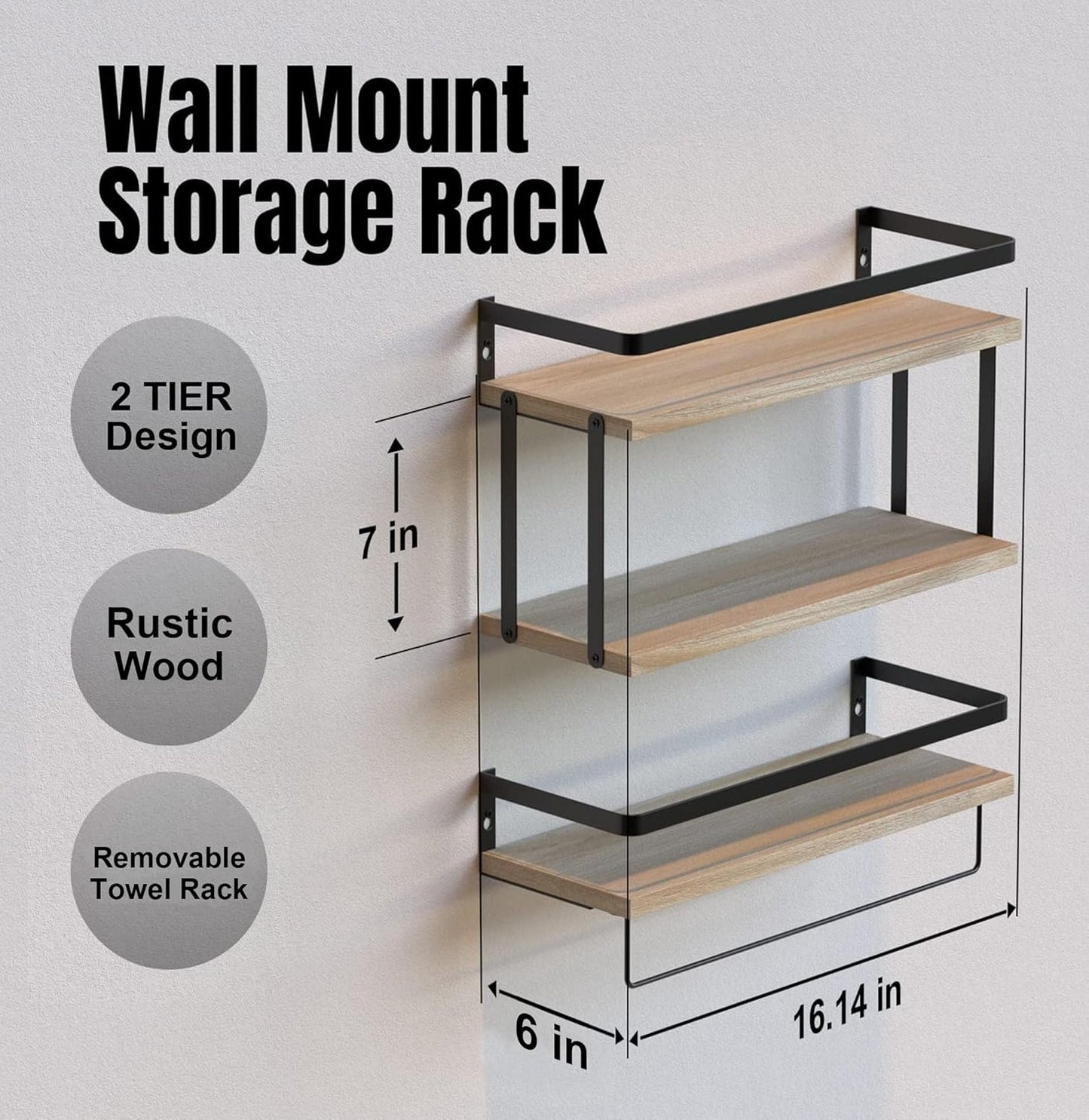 RICHER HOUSE 2+1 Tier Wall Mounted Floating Shelves Set of 2, Rustic Wood Wall Shelf with Metal Frame, Extra Storage Rack for Bathroom, Kitchen, Bedroom with Tissue Rack & Towel Bar - Rustic Wood