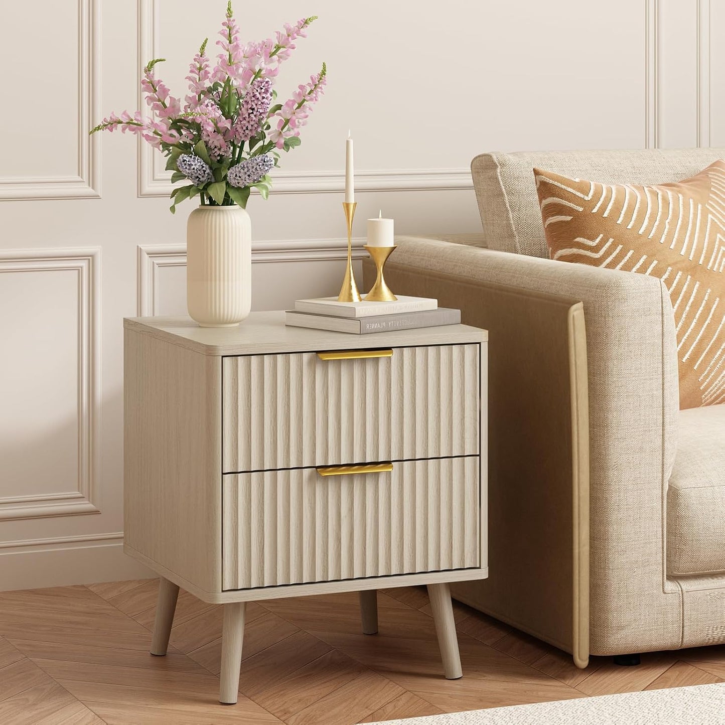 CARPETNAL Fluted Nightstand, Beige Bedside Table with 2 Drawers and Gold Handles, Wood End Table Mid Century Night Stands for Bedroom Living Room