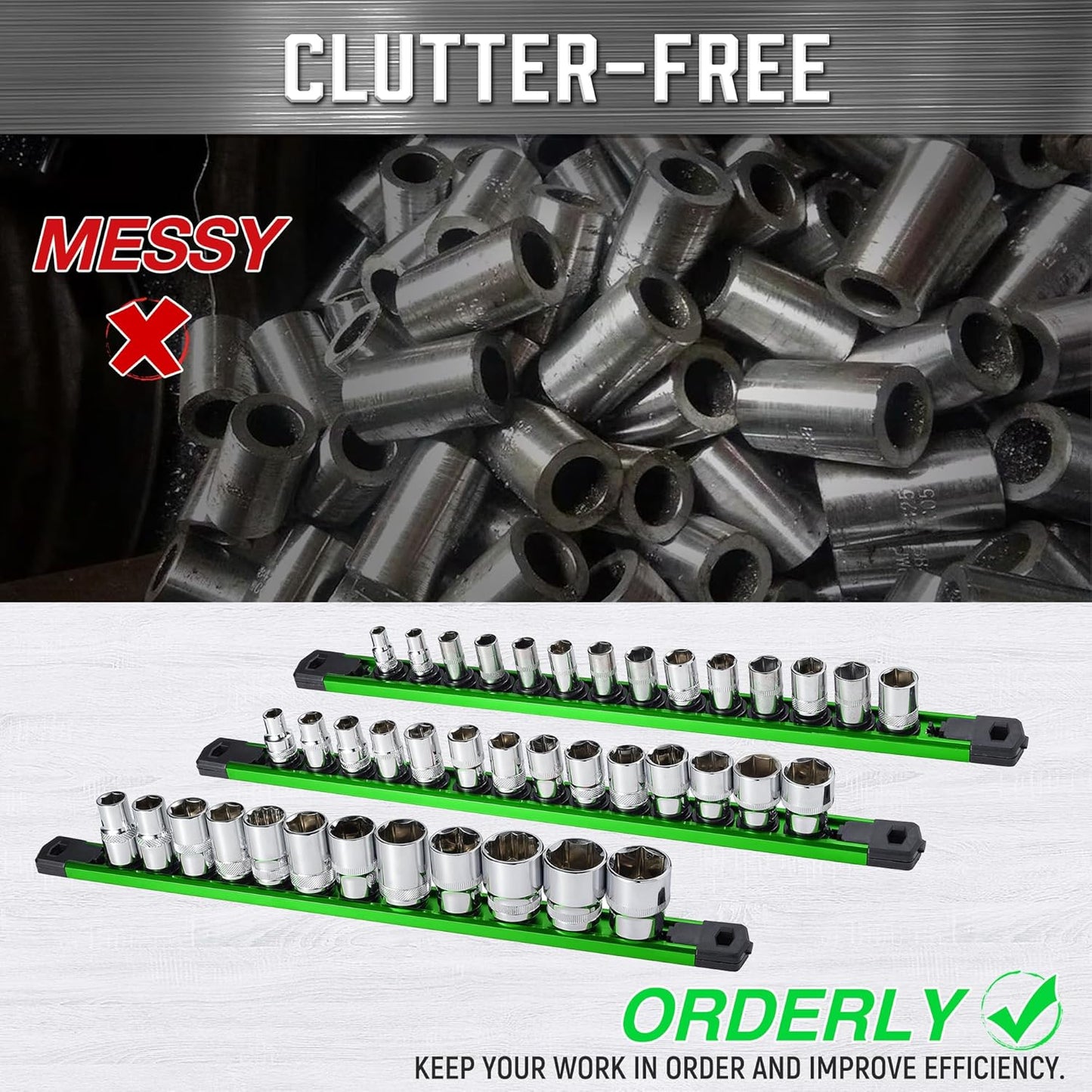 ALOANES 3-Piece Magnetic Socket Organizer, Heavy Duty Aluminum Socket Rails Organizer, 360° Swivel Clips Socket Holder Kit for Tool Box, 1/4-Inch Socket Holder x 42 Clips (Green)