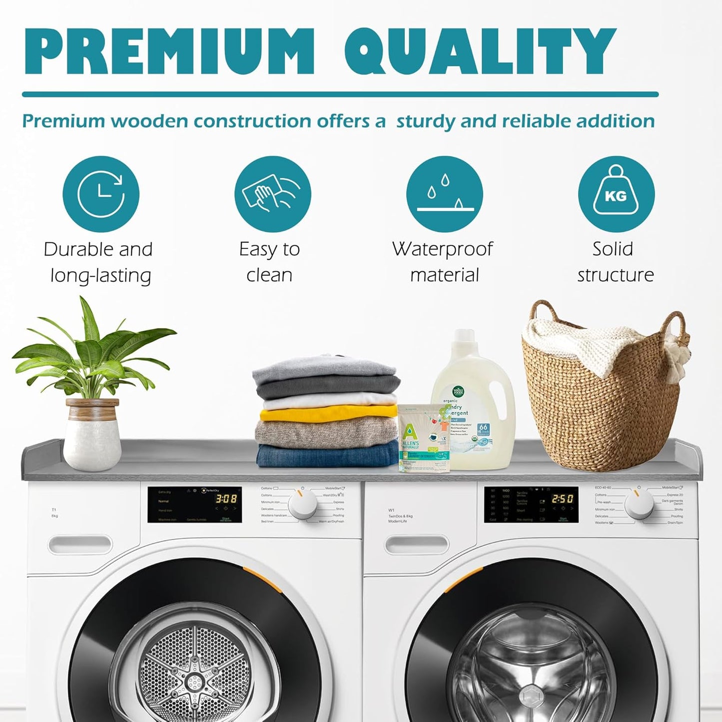 Royxen Laundry Countertop Solid Wood, Countertop for All Front-Loaded Washing Machine and Dryer, Extra Room for Laundry Room, Gray