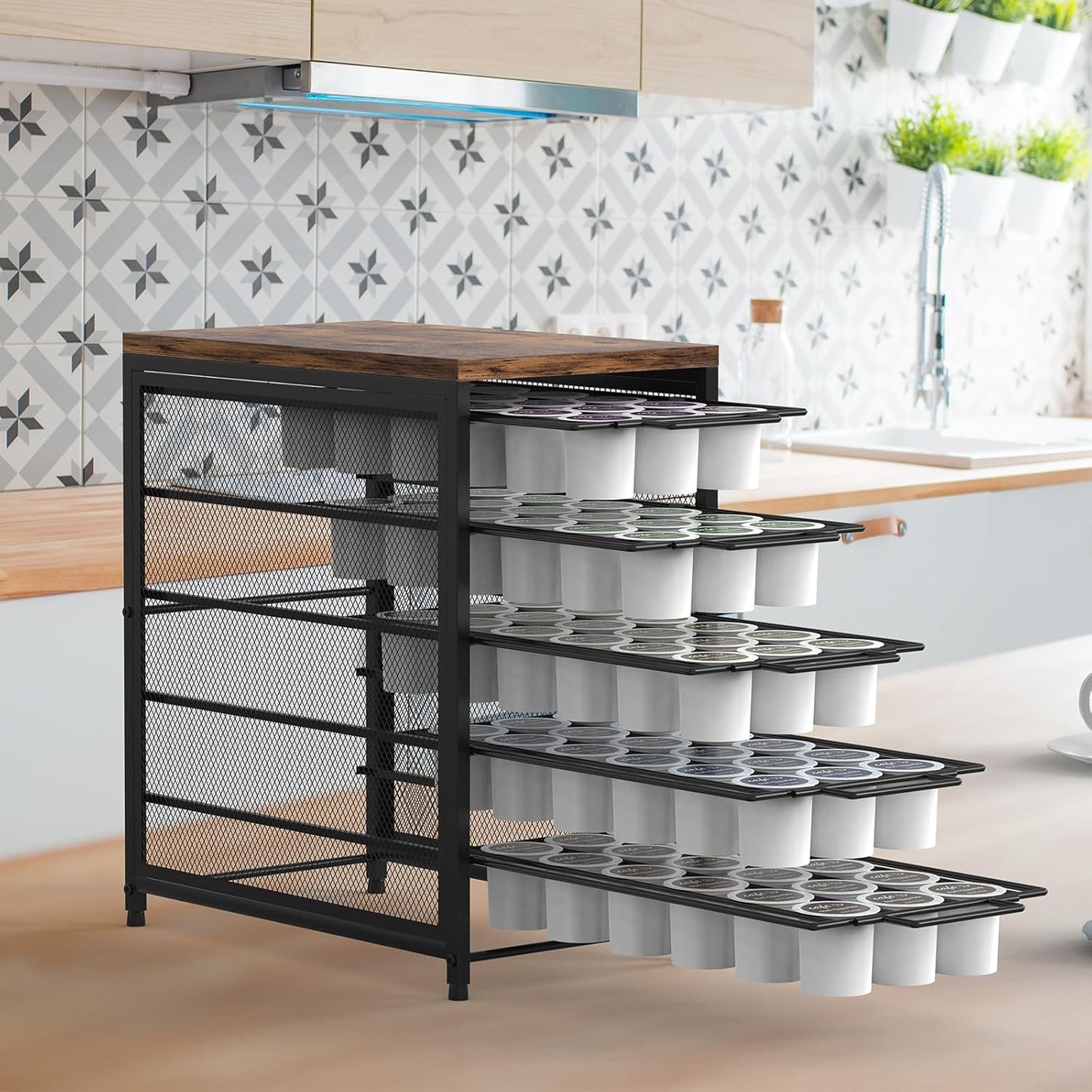 Coffee Pod Drawer for K Cups 90 Pod Pack Capacity Rack K Cups Holder Drawer Organizer for Coffee Station 5 Tier K Cups Coffee Pods Holder Suit for Home Office Cafe Counter, Black and Brown