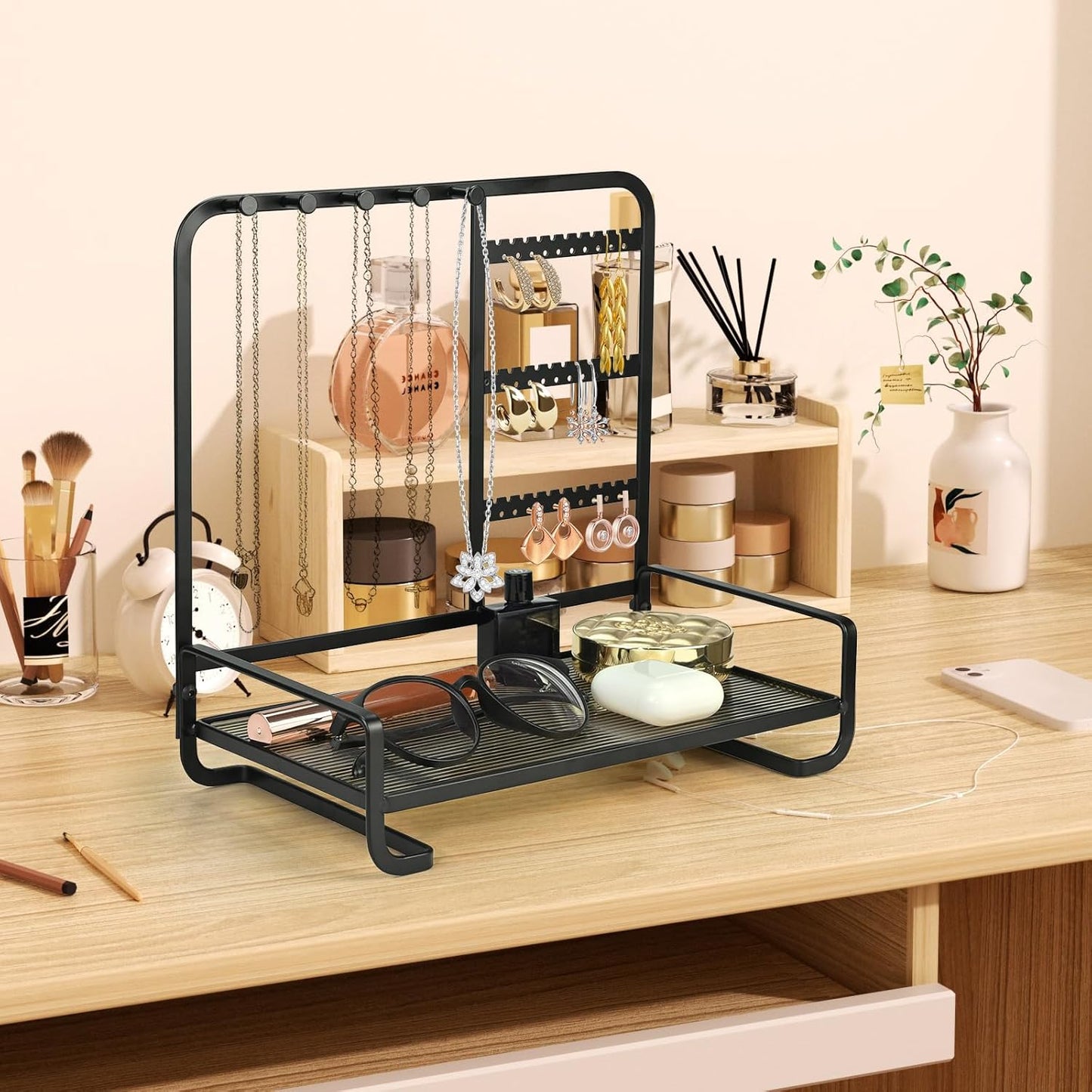 Jewelry Holder, Jewelry Organizer Display Holder with Metal Frame, Jewlery Stand with Metal Frame and Wooden Base, Display With Storage Bottom Plate for Earrings for Necklace Bracelet Earring Ring