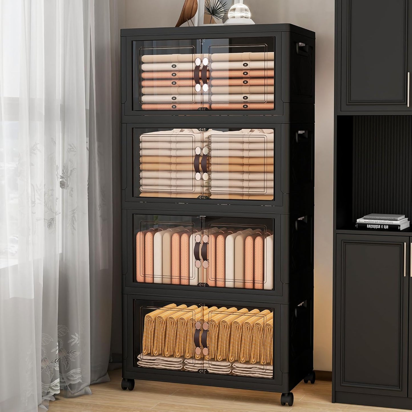 Storage Bins with Lids and Wheels, Collapsible Bathroom Storage Cabinet with Clear Doors, Plastic Stackable Closet Organizers and Storage Containers Black 398 QT