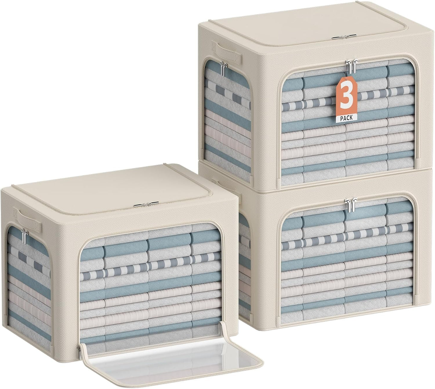 3Pack Clothes Storage Bins - Oxford Frame Storage Box Foldable Stackable Storage Organizer with 3 Openings Design, Metal Frame, Clear Window, Carry Handles (Beige, 100L-23.6 * 16.5 * 15.7in)