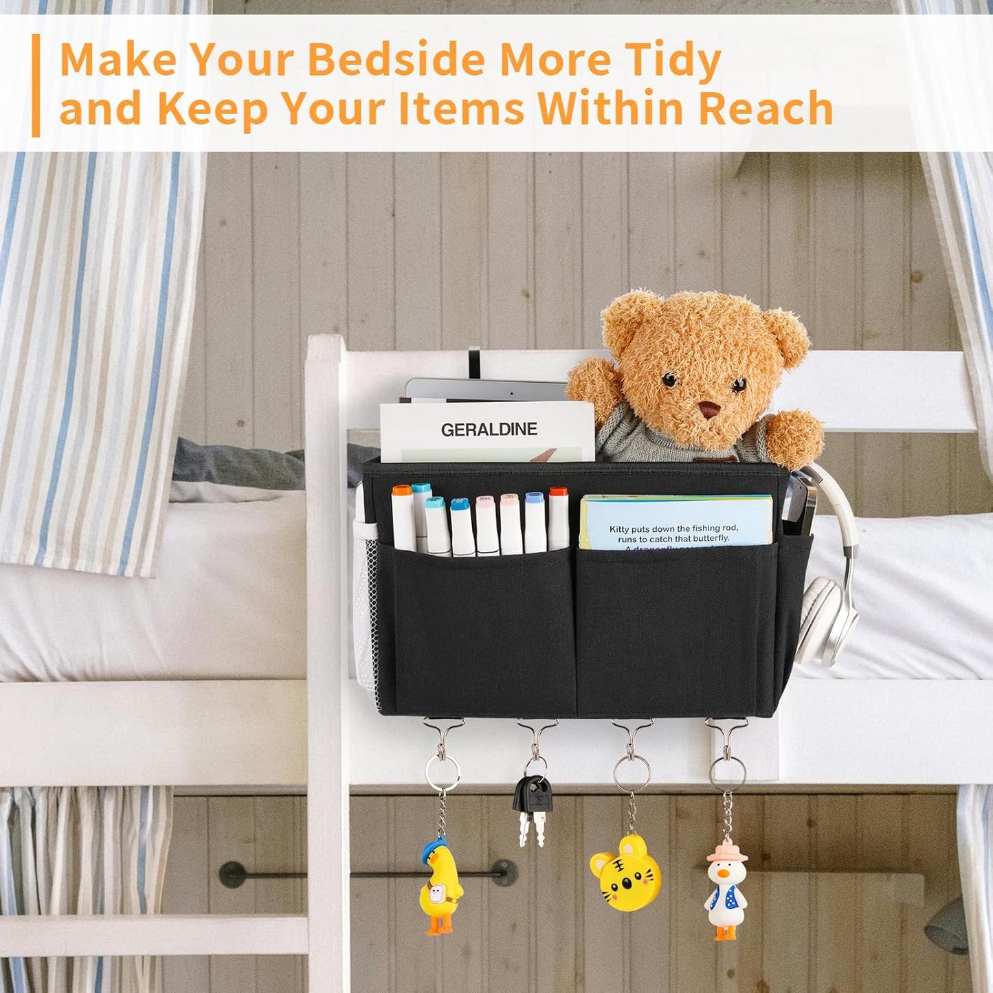 Bedside Storage Organizer 5 Pockets with 4 Hooks Hanging Storage Bag for Headboards/Bunk Bed (Black)