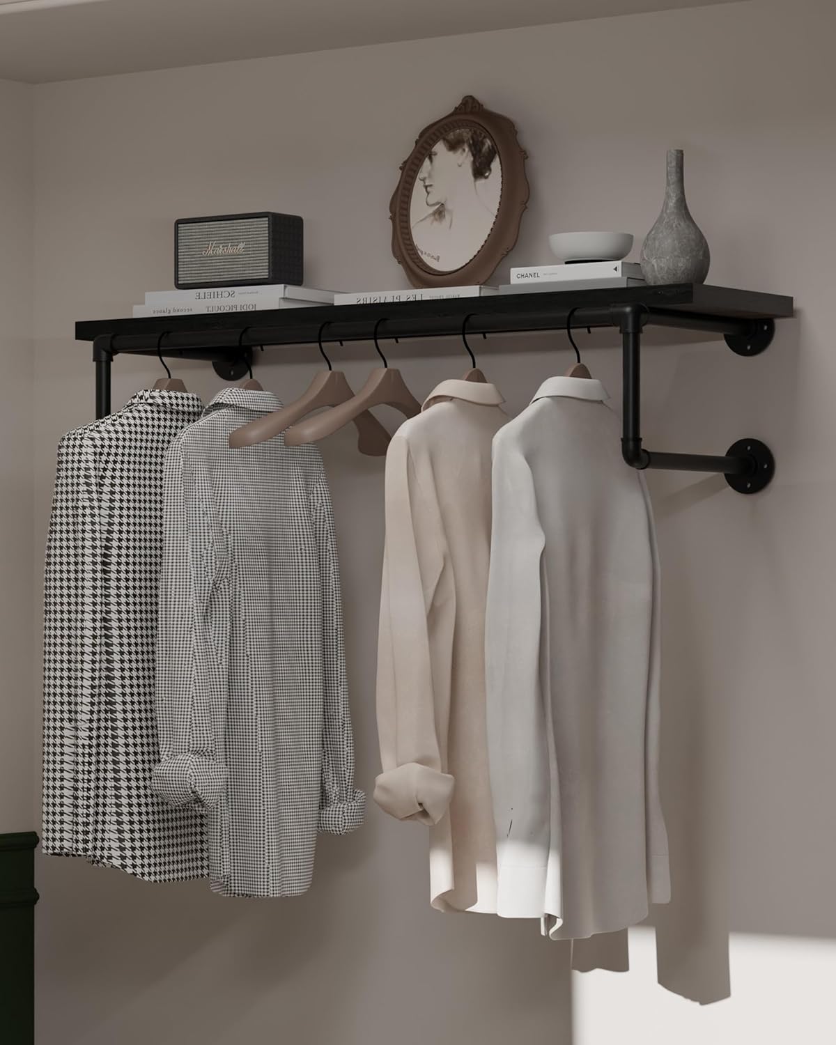 Clothes Rack 36in, Wall Mounted Garment Racks with Real Black Wood Shelf, Heavy Duty Hanging Clothes Rack, Multi-Purpose Hanging Rod, Space-Saving Closet Storage