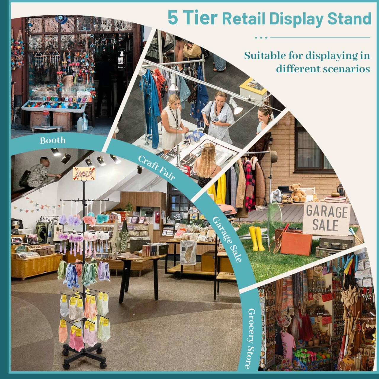 Retail Display Stand Rotating Display Rack 5 Tier Spinning Display Stand for Craft Shows, Jewelry, Keychain, Earring Adjustable Height Retail Display Racks (5-Tier Black)