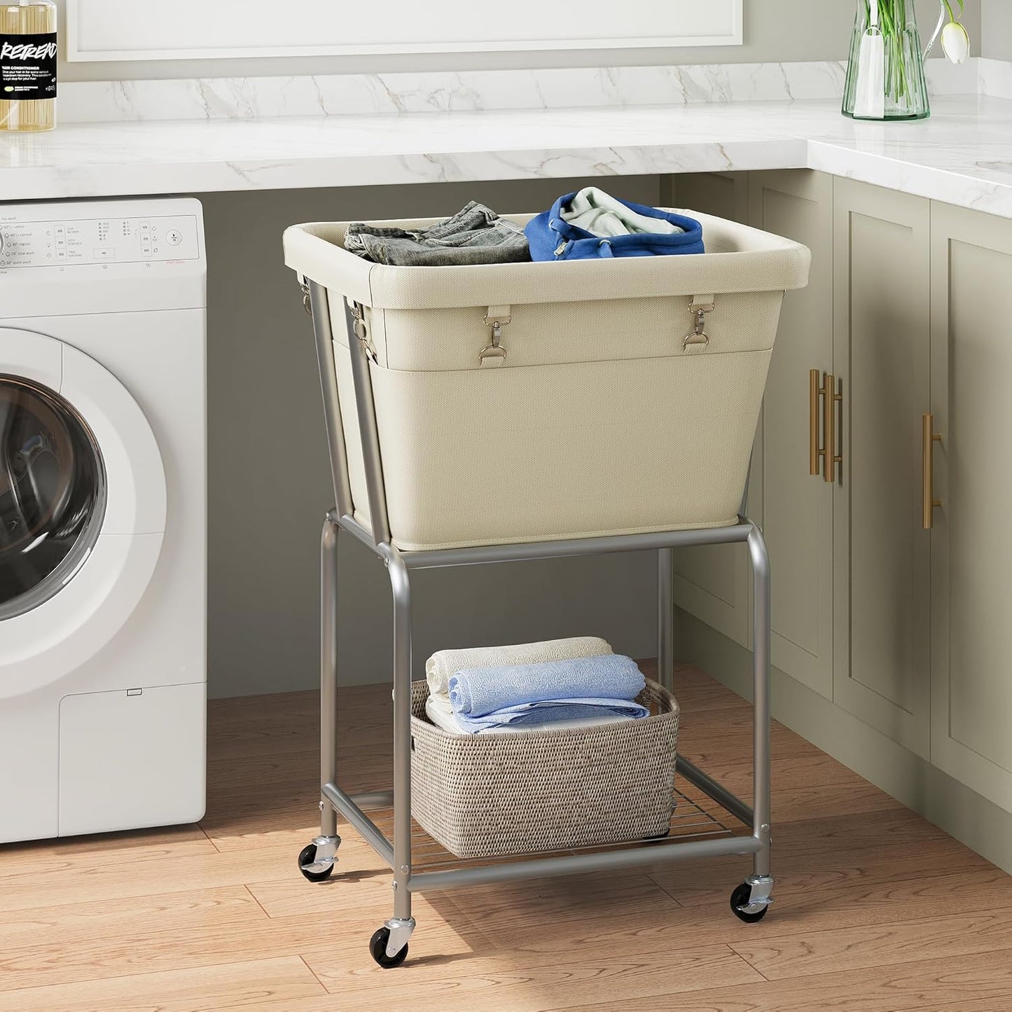 ELYKEN Laundry Cart with Wheels, Rolling Laundry Hamper with Removable Bag and Shelf, Metal Frame Laundry Basket with 4 Casters and 2 Brakes, Ideal for Bedroom, Bathroom, Laundry Room, Cream