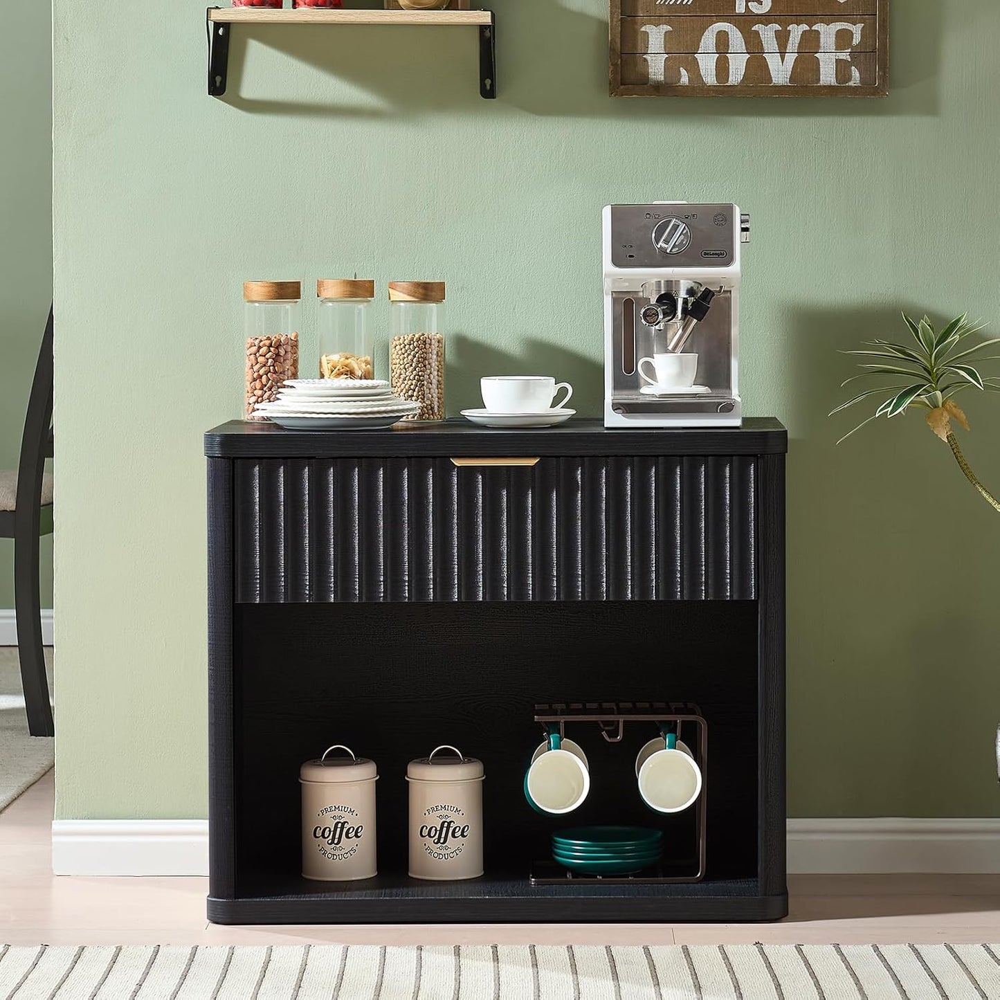 LEYAOYAO 31" Wide Fluted Nightstand with Charging Station, Oversized Extra Large 1 Drawer Night Stand with Golden Handle, Black Wood Bedside Table Tall End Tables,for Bedroom, Living Room, Hallway