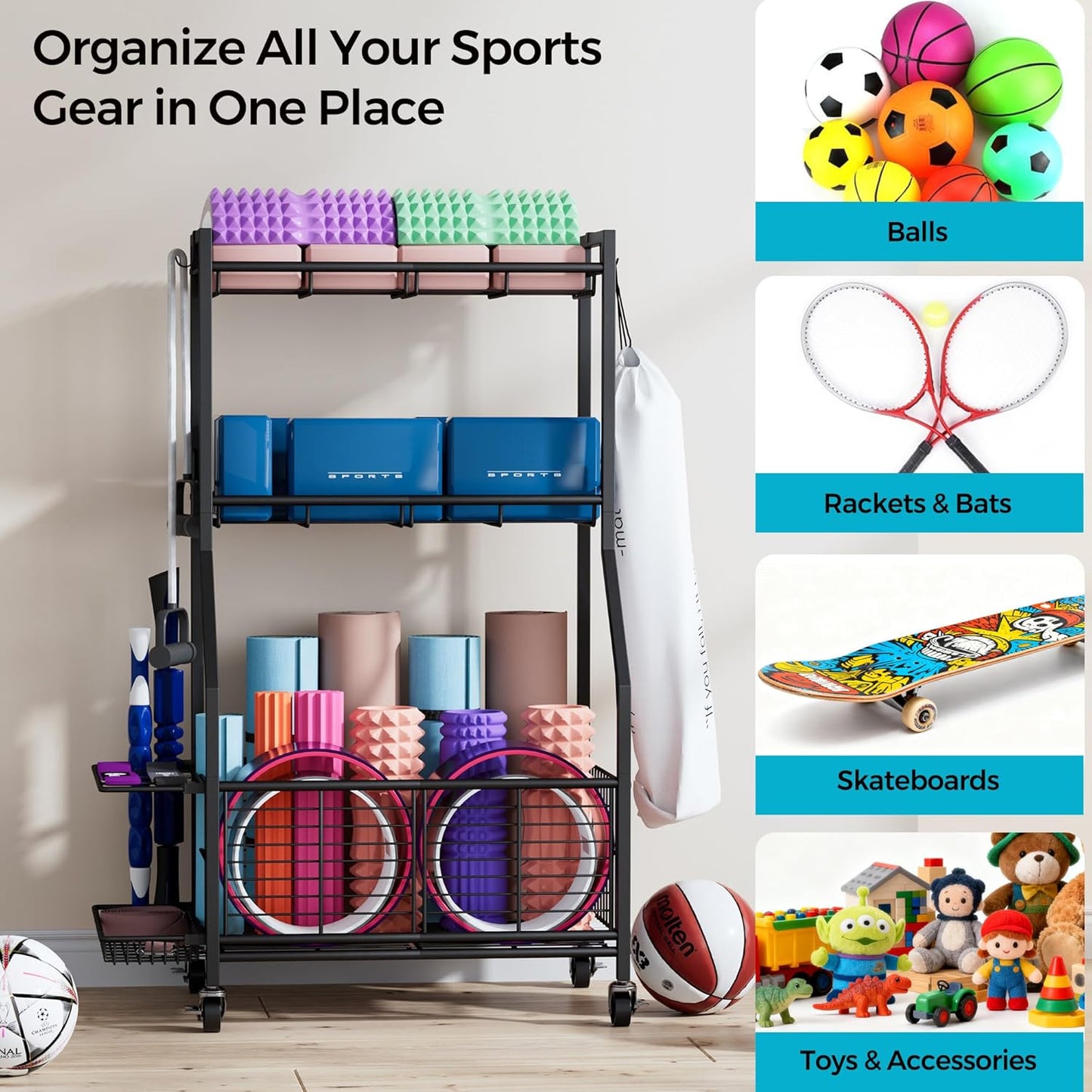 Sports Equipment & Toy Storage Rack with Wheels, 3-Tier Ball Organizer for Balls, Rackets & Sports Gear, Large Capacity with Racket Slots & Hooks, for Garage, Home Gym or Backyard – 23" W