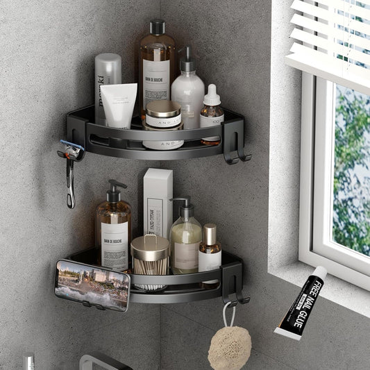 VOLPONE Corner Shower Caddy with Razor Holder Adhesive Shower Shelf Corner No Drilling (adhesive mounting, no suction cup) Bathroom Shower Organizer Storage Rack (2-Pack, Black)