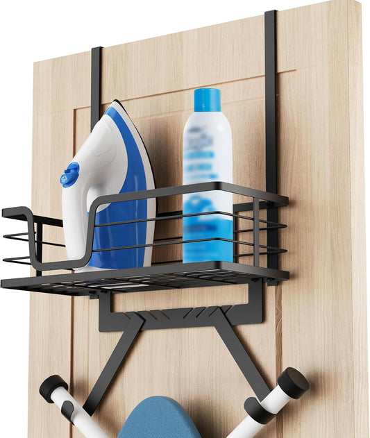 KES Over The Door Ironing Board Holder, Ironing Board Hanger Door Mount with Storage Shelf Y and T Shaped Fits for 1 3/8 Doors Matte Black, HIR501A-BK