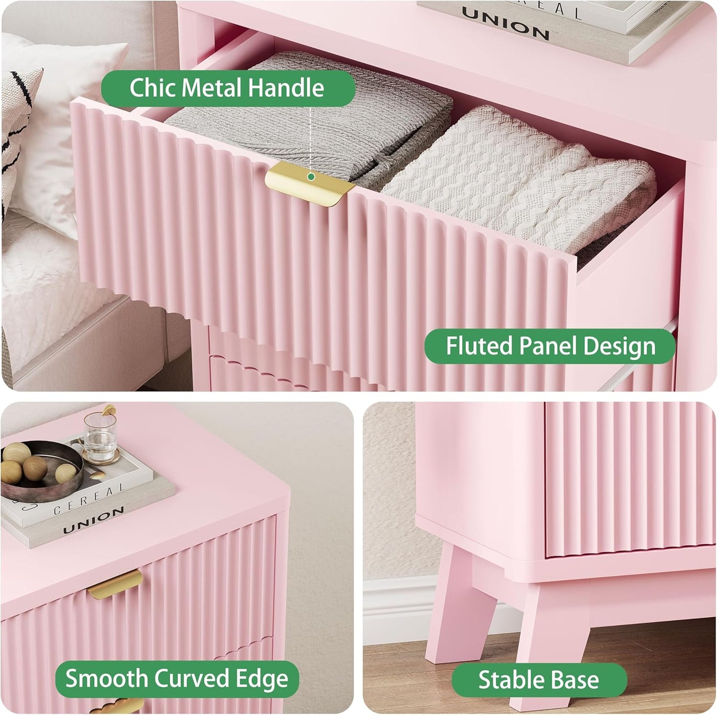 Fluted Nightstand with 3 Storage Drawers, 24" Wide Wood Bedside Table with Mental Handle, Mid Century Modern Wooden Side Table Night Stand, Curved End Table for Bedroom, Living Room, Pink