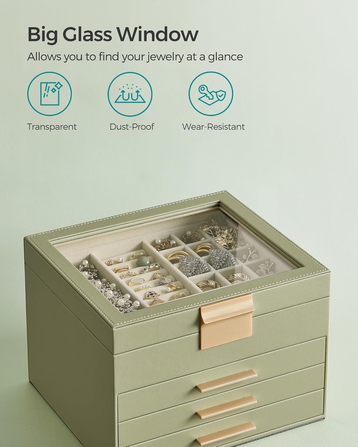 SONGMICS Jewelry Box Organizer with Glass Lid, 4-Layer Jewelry Storage, with 3 Drawers, Modern Style, Christmas Gift, 8 x 9.1 x 6.5 Inches, Avocado Green and Gold Color UJBC173C02