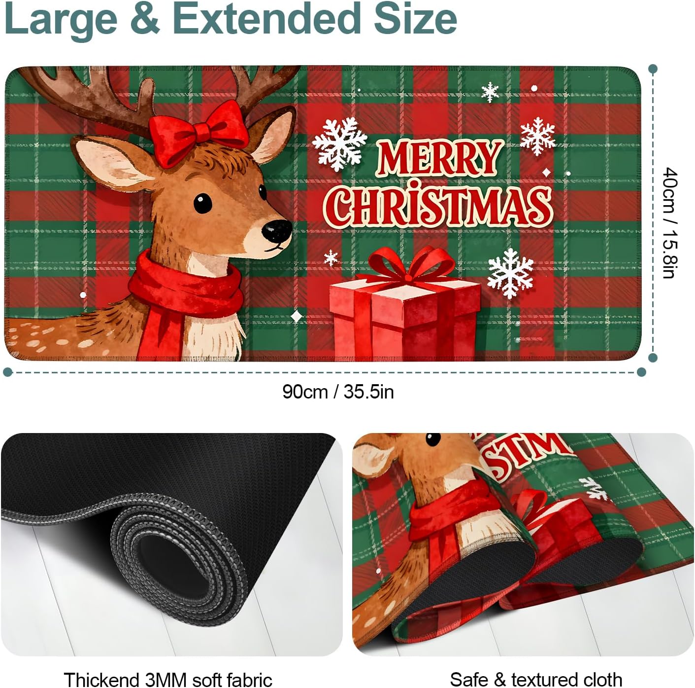 Merry Christmas-Elk Gaming Mouse Pad 35.4"x15.7"Desk Mat Anti-Slip Rubber Base & Durable Stitched Edges for Gamers Smooth Mouse Writing Surface for Desk Office/Home