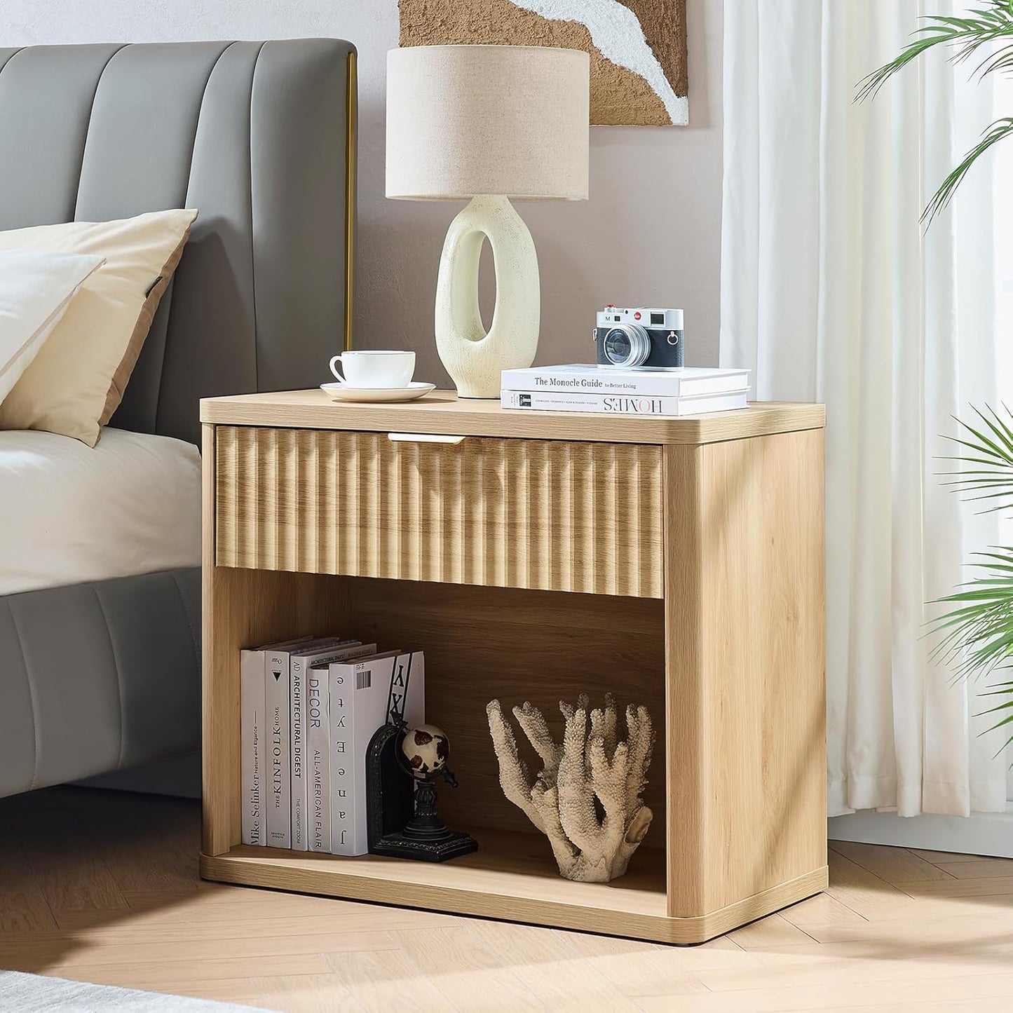 LEYAOYAO 31" Wide Fluted Nightstand with Charging Station, Oversized Extra Large 1 Drawer Night Stand with Golden Handle, Natural Wood Bedside Table Tall End Tables,for Bedroom, Living Room, Hallway