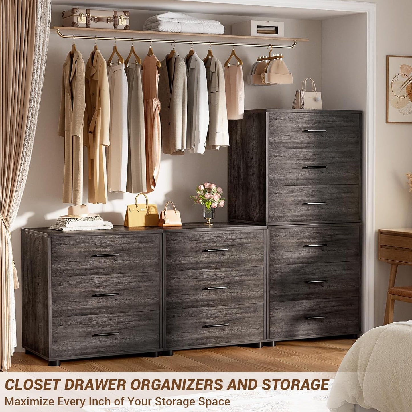 Aheaplus Closet Drawers Set of 2, Wood Closet Organizers and Storage with 3 Drawers, Closet Drawers Organizer System, Nightstands Bedside End Table with 3 Drawers Storage for Bedroom, Black Oak