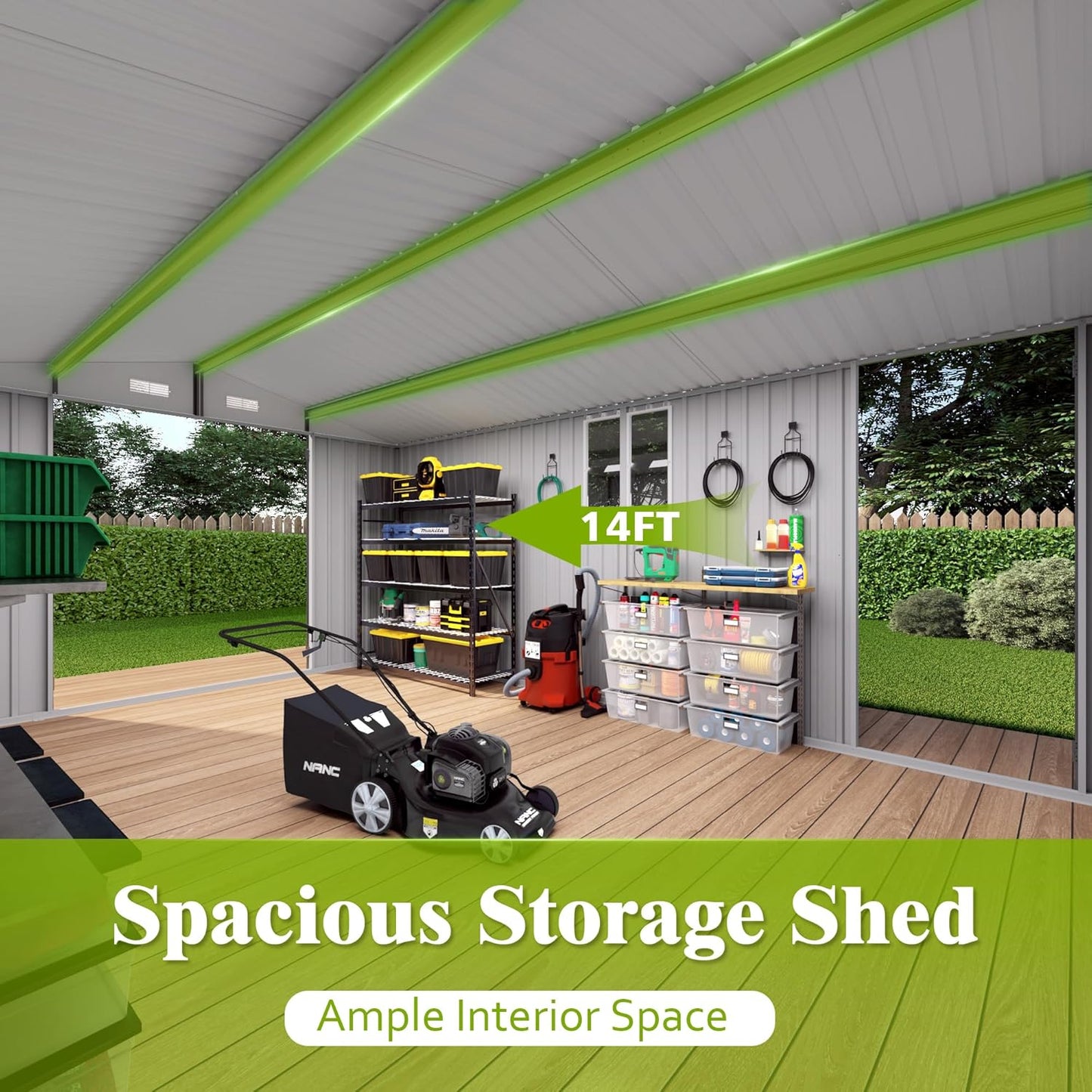 Metal Storage Shed, 10 X 14 FT Lockable Outdoor Tool Shed with Air Vent and Clear Windows, Galvanized Steel Garden Shed for Backyard, Patio, Garden, Bike Storage or Outdoor Use, Grey