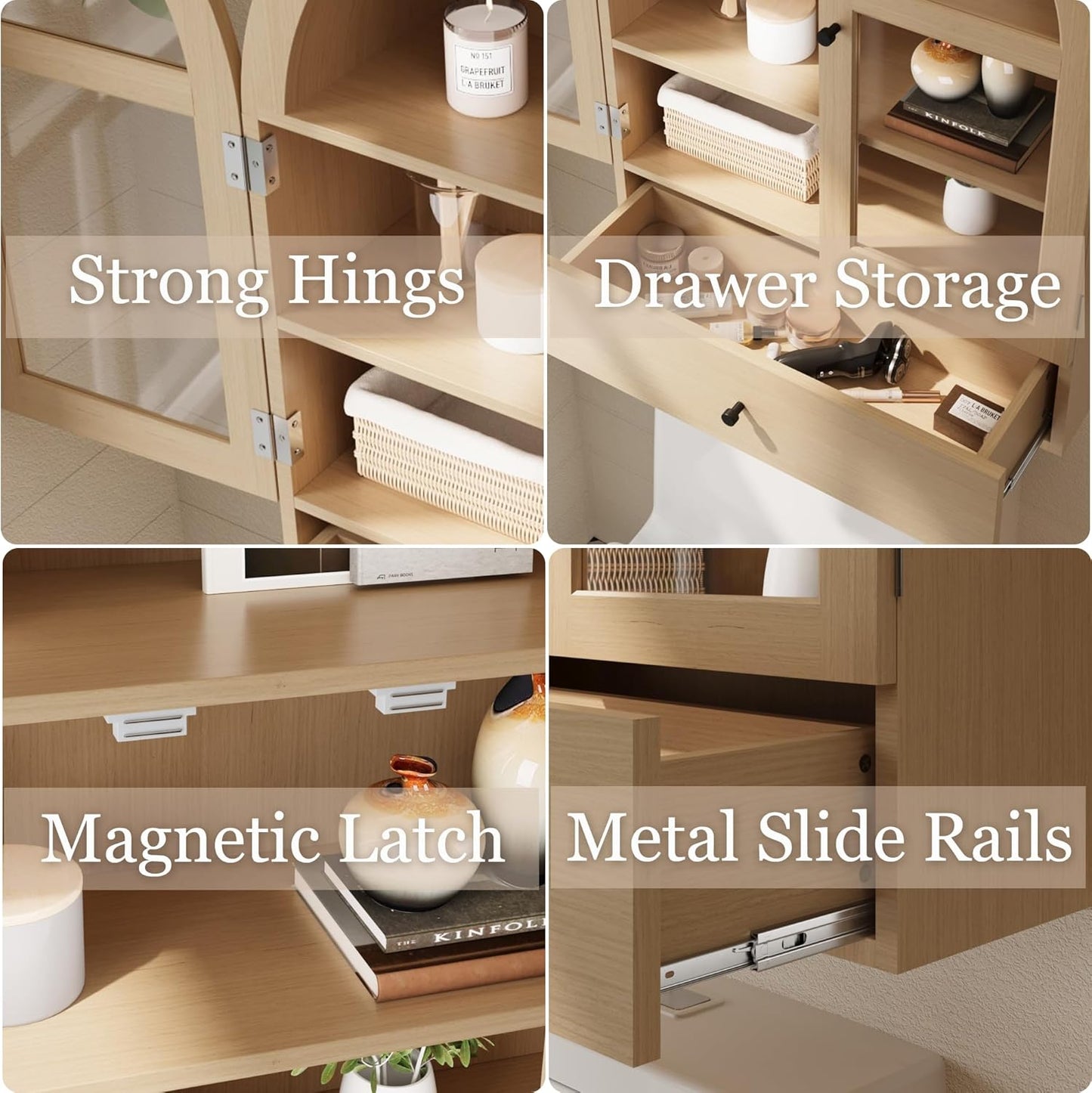 BLANKSPACE Bathroom Curved Wall Cabinet with Drawer, Over The Toilet Organizer for Bathroom Storage Cabinet with Glass Door and Soft Closing （Natural Wood Color）