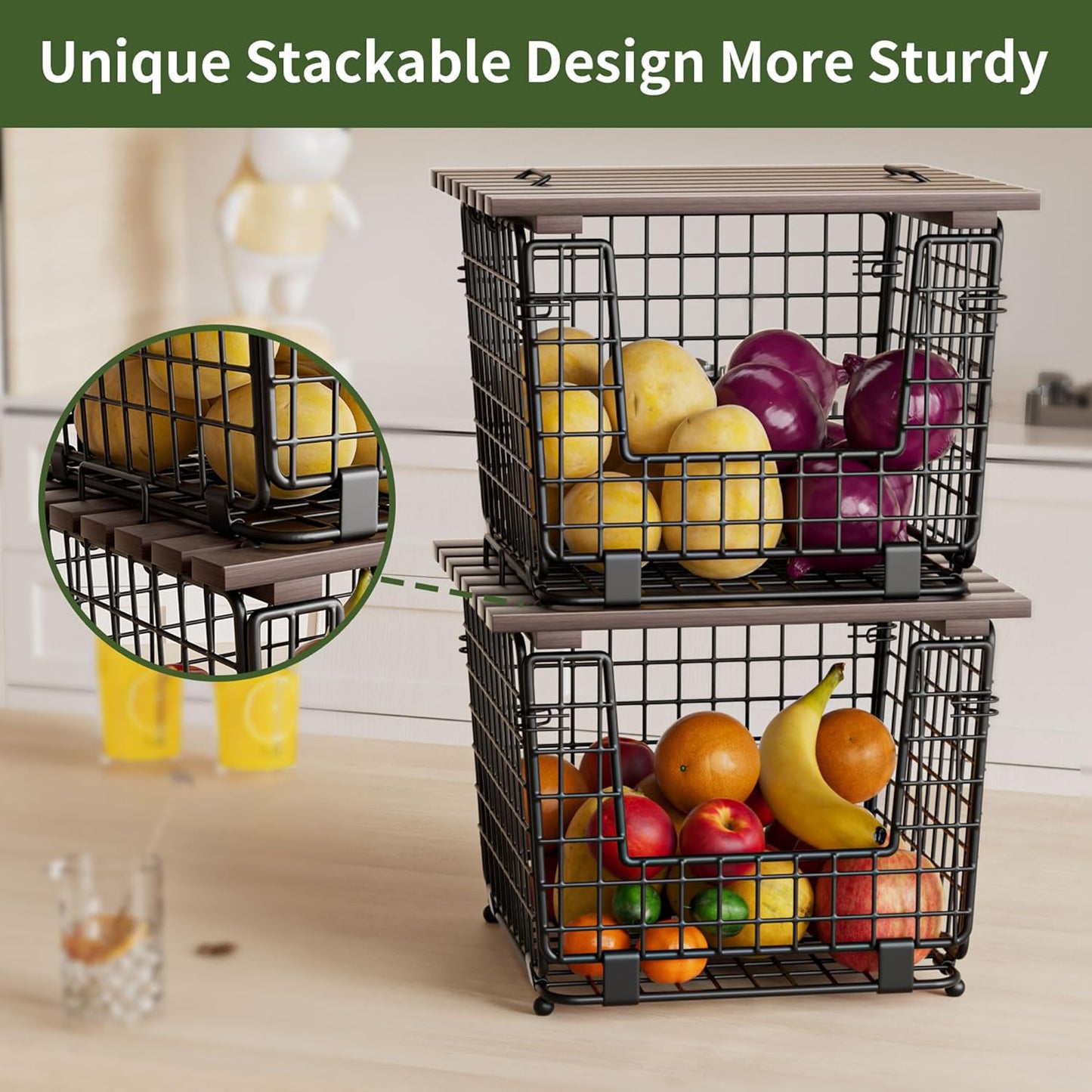 Wire Storage Basket For Kitchen Pantry and Counter - Stackable Wire Organizing Bin For Produce, Vegetable - Countertop Potato, Onion, Veggie Basket Brown