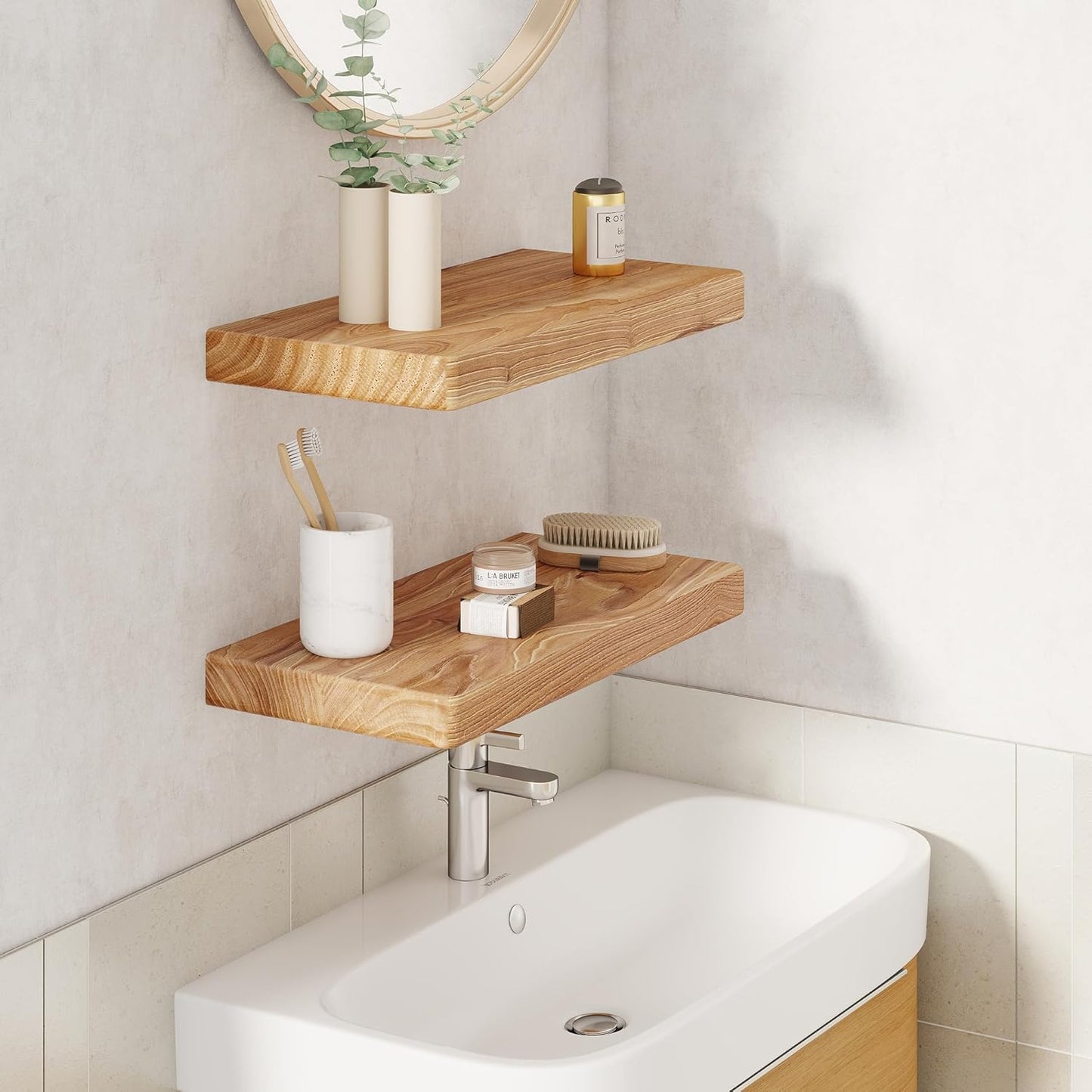 Fun Memories Rustic Solid Elm Wood Floating Shelves, 18" W x 8" D Floating Shelf Wall Mounted, 8 Inch Deep Wall Shelves, Wooden Bathroom Shelf for Home, Deep Bookshelf for Living Room, Set of 2