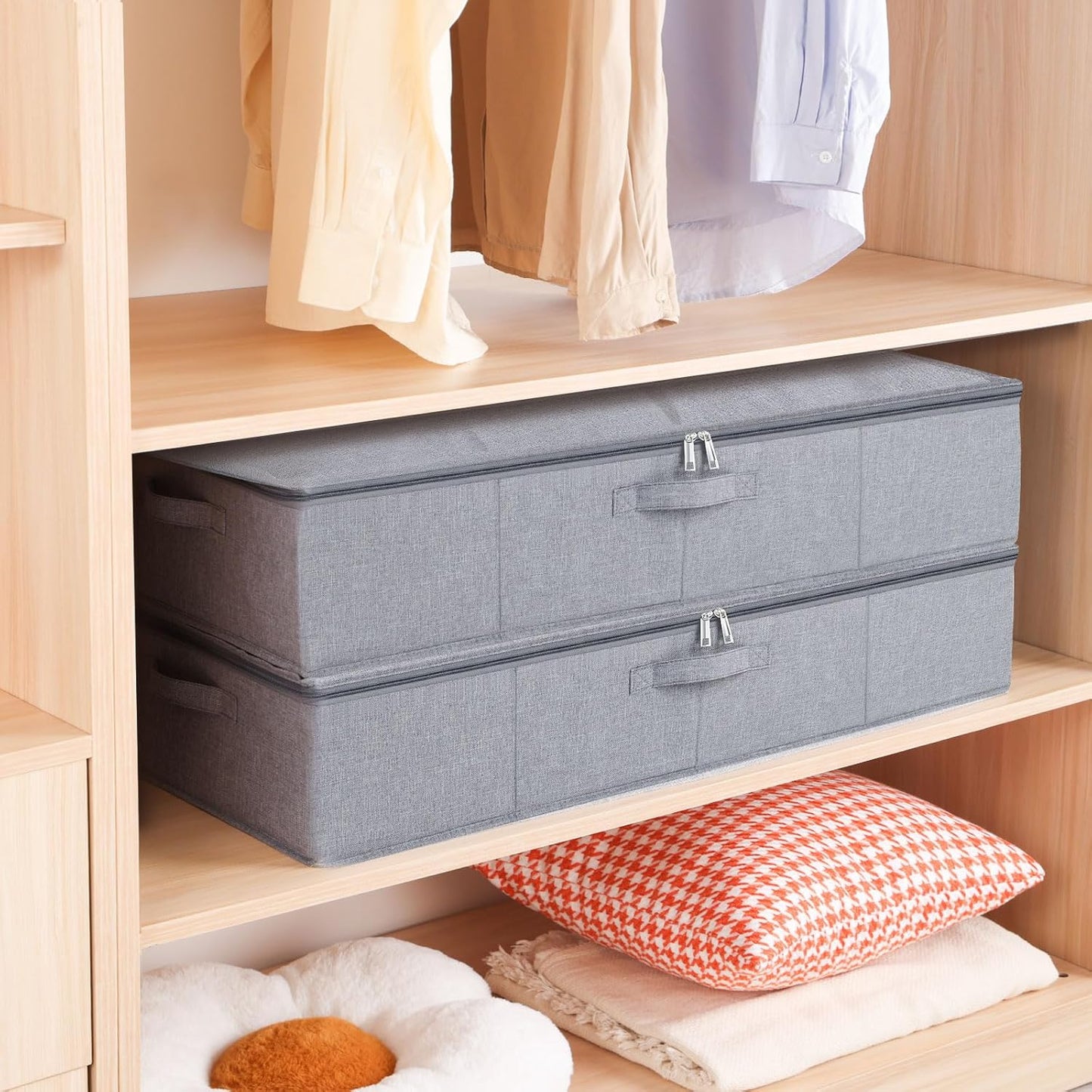 Underbed Storage Organizers, 23.6 x 11.8 x 5.9 Inch Fabric Container Bags with Lids, Storage Boxes for Blanket, Pillows, Shoes, Grey, 3 Pack