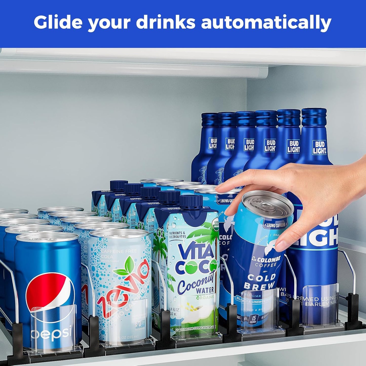 Puricon Drink Organizer for Fridge Pusher Glide, Spring Loaded Fridge Drink Dispenser, Self Pushing Soda Can Organizer for Refrigerator, Beer Bottle Beverage Organizer Drink Holder -5 Rows, Black