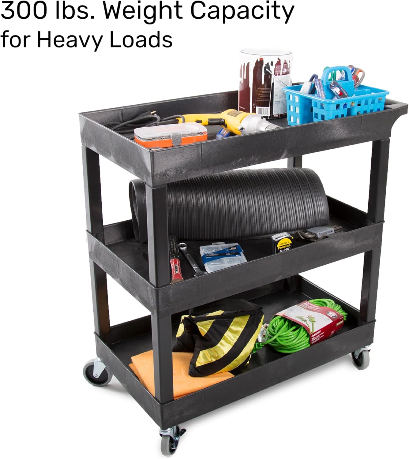 Tubstr 3-Tier Rolling Utility Cart 2-Pack | Each Supports up to 300 lbs. Heavy-Duty Shelf Cart for Garage Storage, Office Spaces, & Kitchen Use | Durable Tool Cart with Locking Wheels (Black, 32 x 18)