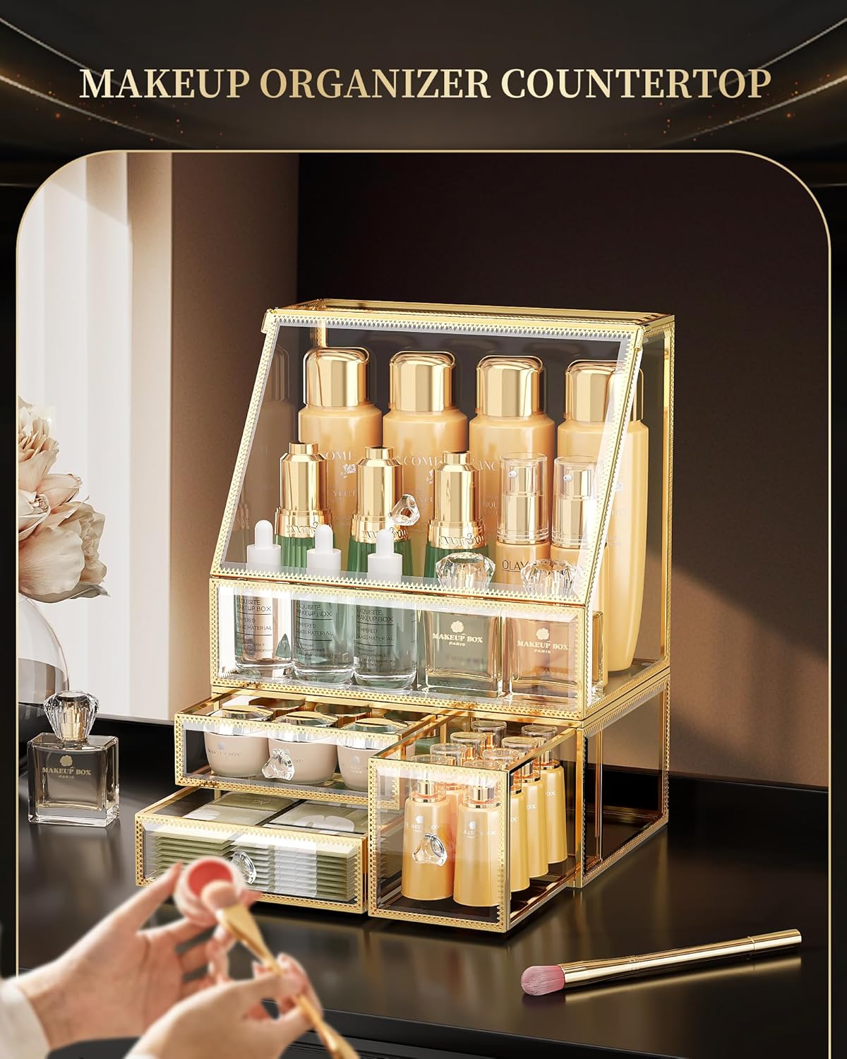 Tempered Glass Makeup Organizer – Clear Vanity Organizer with 18-Slot Lipstick Holder & Brush Organizer, Skincare and Perfume Storage for Dresser, Bathroom, and Countertop Use