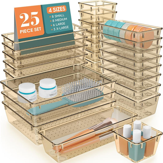 25 PCS Drawer Organizer Set, 5 Varied Size Bathroom and kitchen Drawer cabinet organizer Trays, Clear Storage Bins for Makeup, Jewelry, Utensils and Gadgets, Champagne